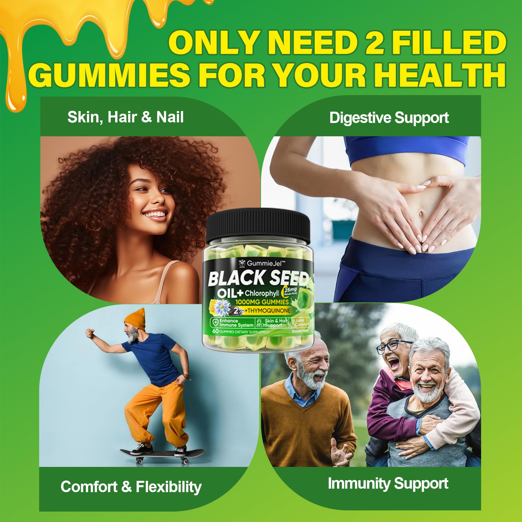 Black Seed Oil Gummies & Chlorophyll, Biotin 500mcg with Hydrolyzed Collagen, Raw Manuka Honey, Organic Cold Pressed - Ultimate Absorption for Skin, Hair & Nails, Digestive, Overall Health, Sugar Free