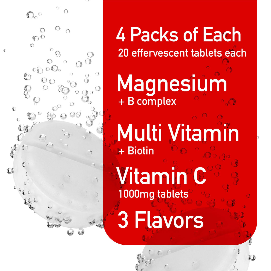 Swiss Imports Effervescent Variety Pack with Vitamin C 1000mg, Magnesium + B Complex, Multivitamin + Biotin, 12-Pack, 240 Tablets