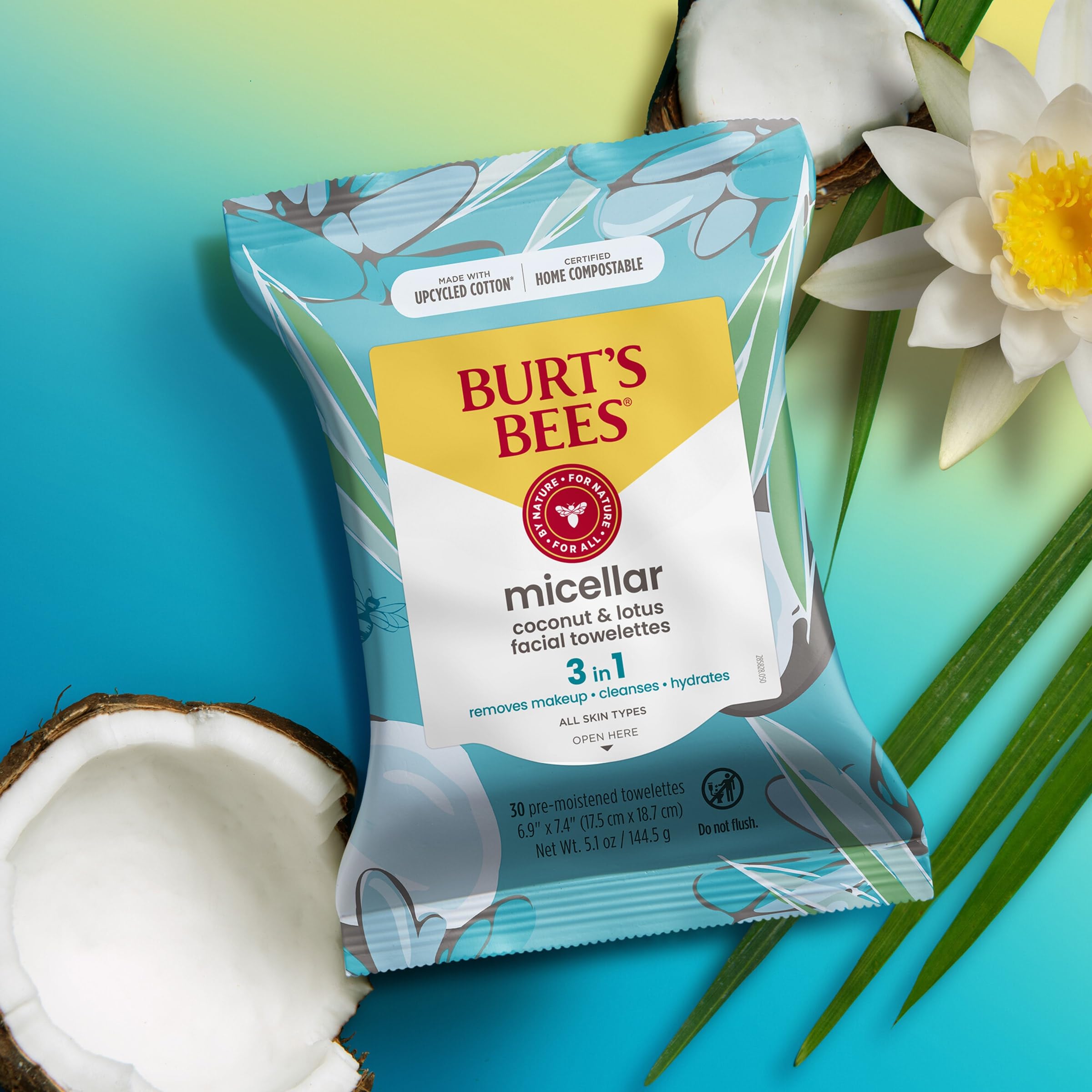 Burt's Bees Coconut & Lotus Face Wipes, for All Skin Types, Micellar Makeup Remover & Facial Cleansing Towelettes, 30 Ct. (3-Pack)