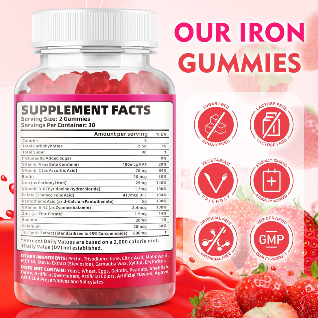 2 Pack Vegan Iron Gummies for Adults & Kids - with Vitamin C, A, B-Complex, Folate, Zinc, and Biotin - for Blood Building & Energy Support, 120 Gummies
