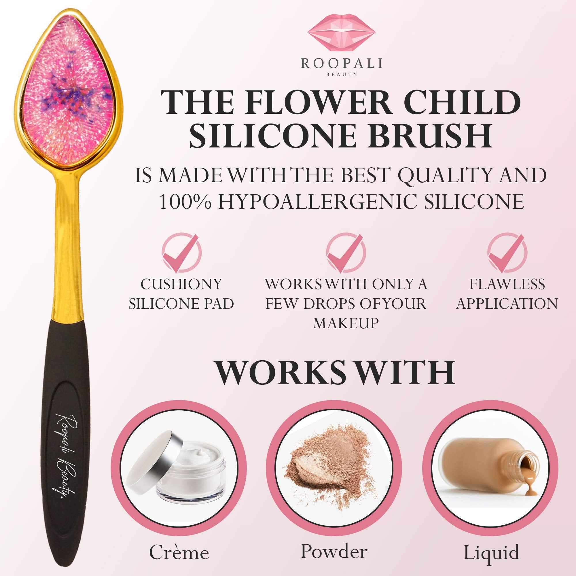 Professional Makeup Brush Set; 6 PC Flower Child DELUXE by Roopali Beauty ââ‚¬â€œSoft Silicone Pointed Applicator AND 5 Vegan Nylon Brushes - Compatible with Liquid, Cream or High-End Powder Cosmeti