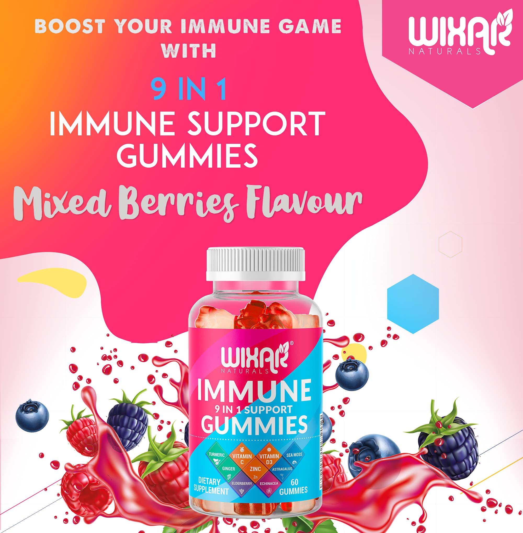 WIXAR NATURALS 9 in 1 Immune Support Gummies with Elderberry, Vitamin C&D, Zinc, Turmeric, Ginger, Echinacea, Astragalus & Sea Moss for Immunity Supplement - 60 Gummies
