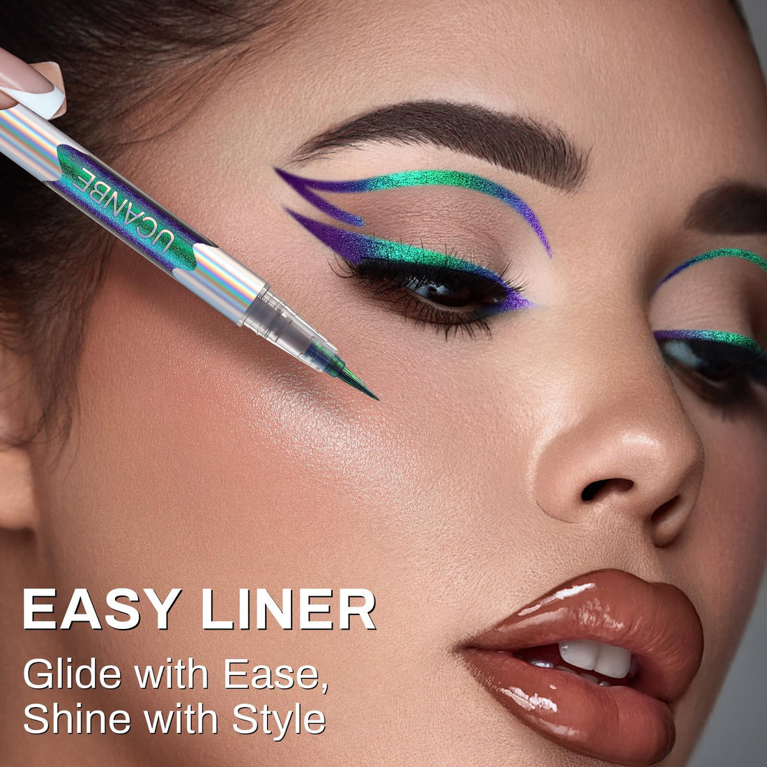 UCANBE Chameleon Liquid Eyeliner - Green Cyan Blue, Multi-Chrome Metallic Shift Eyeliner, Waterproof Glitter Eyeliner with Soft Fine Tip for Multi-Dimensional Eye Looks