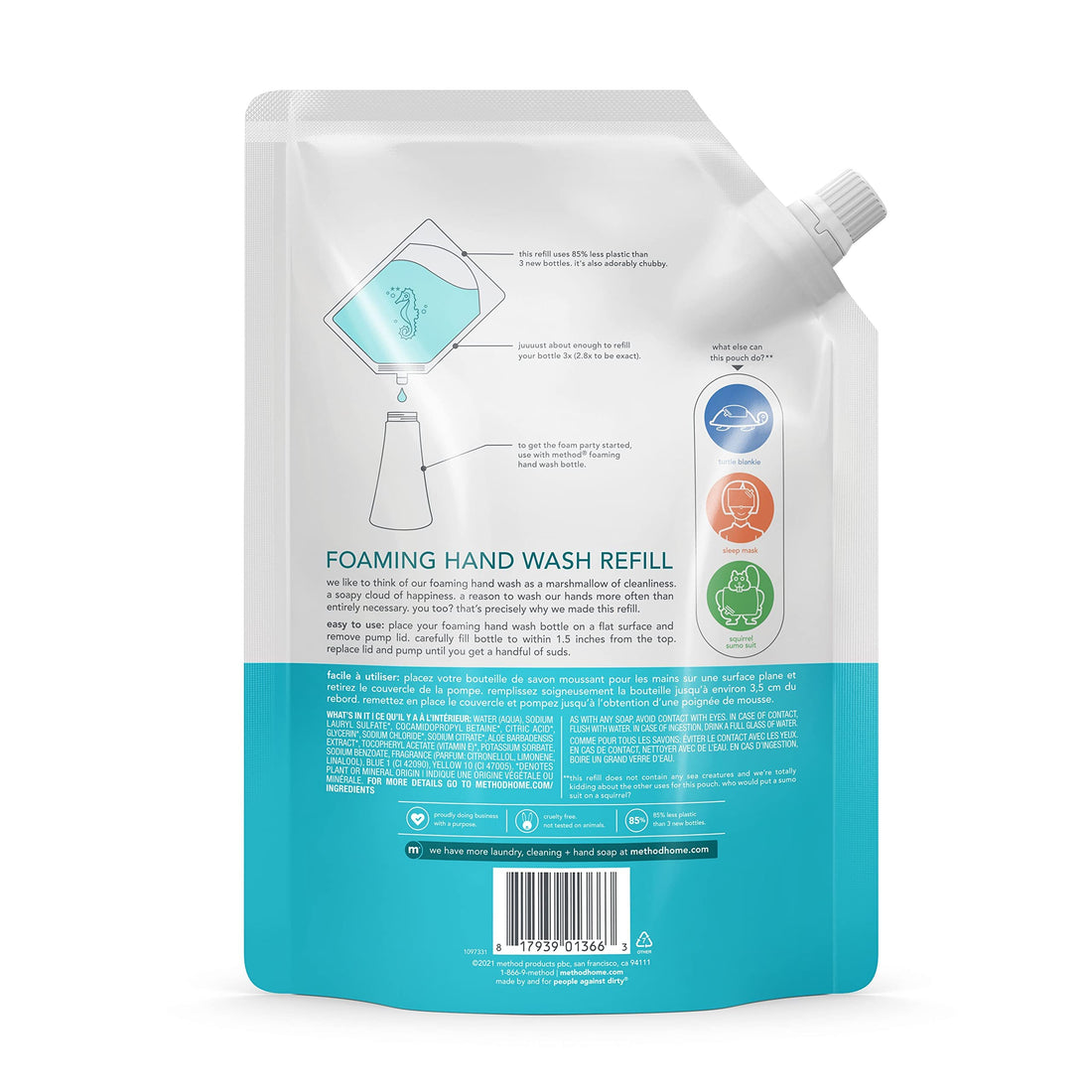 Method 01366 Foaming Hand Wash Refill, Waterfall Scent, Pouch Pack, 28oz Volume, 9.57 Height, 6.41 width, 28 fl. oz. (Pack of 6)