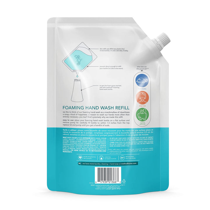 Method 01366 Foaming Hand Wash Refill, Waterfall Scent, Pouch Pack, 28oz Volume, 9.57 Height, 6.41 width, 28 fl. oz. (Pack of 6)