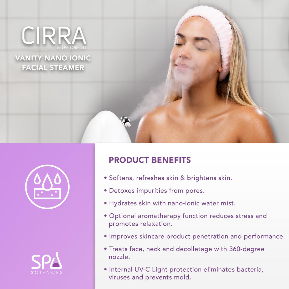 Spa Sciences - CIRRA Facial Steamer - Aromatherapy Function - for Pore Detox and Circulation - Includes Essential Oil Basket and Water Tank - Pairs with NOVA, MIO, Bella, LELA - for All Skin Types