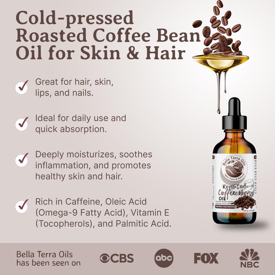 NEW Roasted Coffee Bean Oil. 8oz. Cold-pressed. Unrefined. Organic. 100% Pure. Rich in Antioxidants. Hexane-free. Improves Under-Eye Circles. Natural Moisturizer. For Hair, Skin, Nails, Stretch Marks.