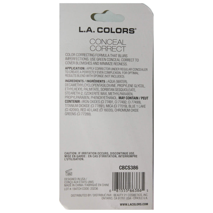 L.A. Colors (1) Tube Conceal Correct Color Correcting Formula Concealer - Green Covers Blemishes and Minimizes Redness - CBCS386