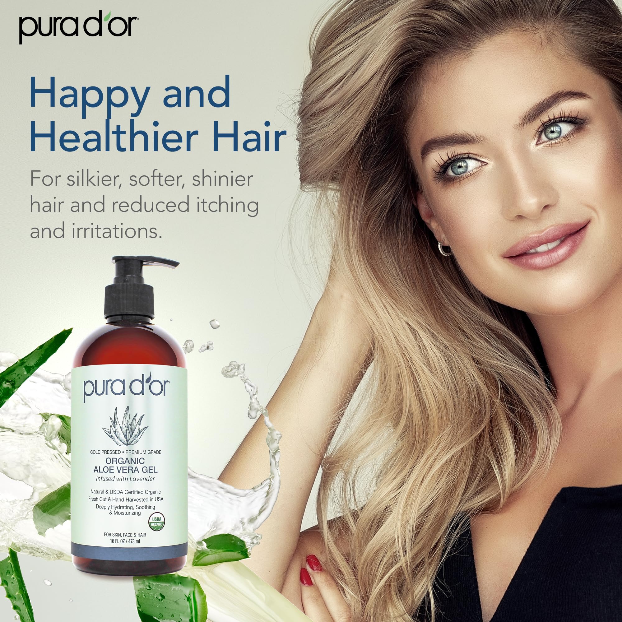 PURA D'OR Organic Aloe Vera Gel (16oz) 100% Pure USDA Certified Organic - Deeply Hydrating, For Clearer, Softer & Moisturized Skin - Helps with Sunburn, Bug Bites, Rashes, Small Cuts, Eczema Relief