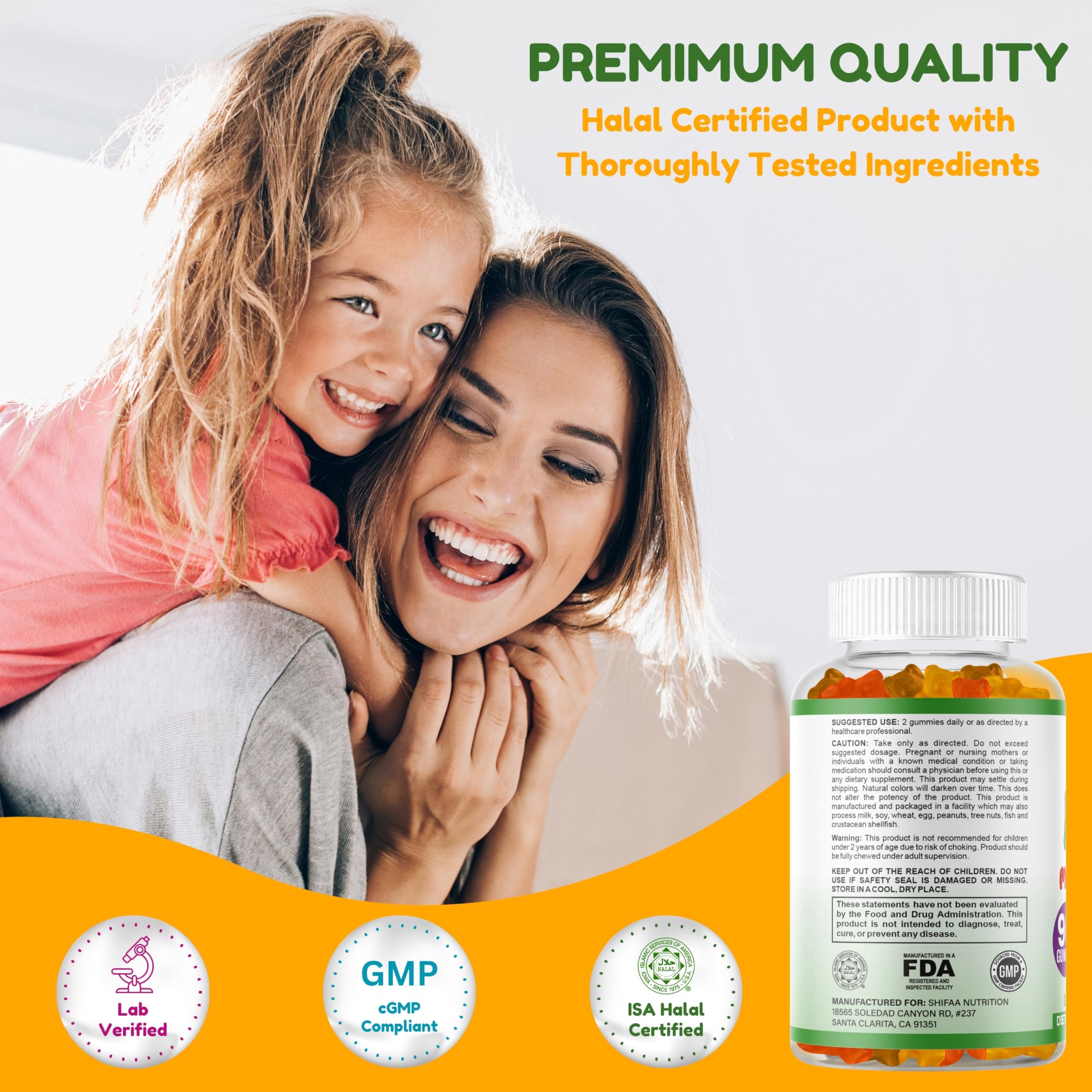 SHIFAA NUTRITION Halal Kids Multivitamin Gummies, 45-90 Days Supply, with All Essential Kids Vitamins. Toddler Vitamins with Vitamin C, D, Zinc, A, E, B6, B12, Biotin | Halal Gummy Vitamins for Kids