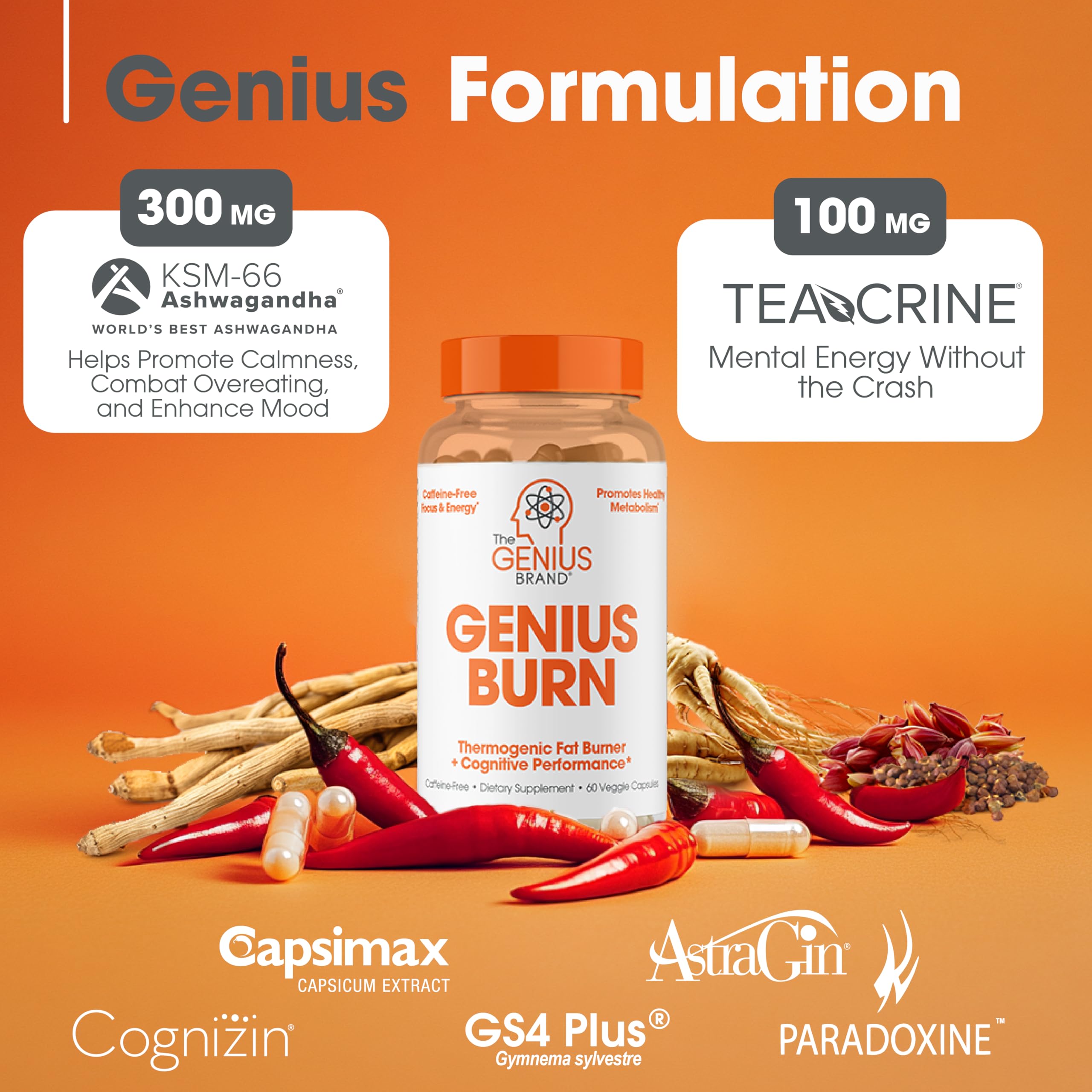 Genius Thermogenic Fat Burner, 60 Diet Veggie Pills - Weight Loss & Metabolism Supplement, Appetite Suppressant & Energy Booster - Caffeine-Free Nootropic Focus & Brain Boost - Ashwagandha & TeaCrine