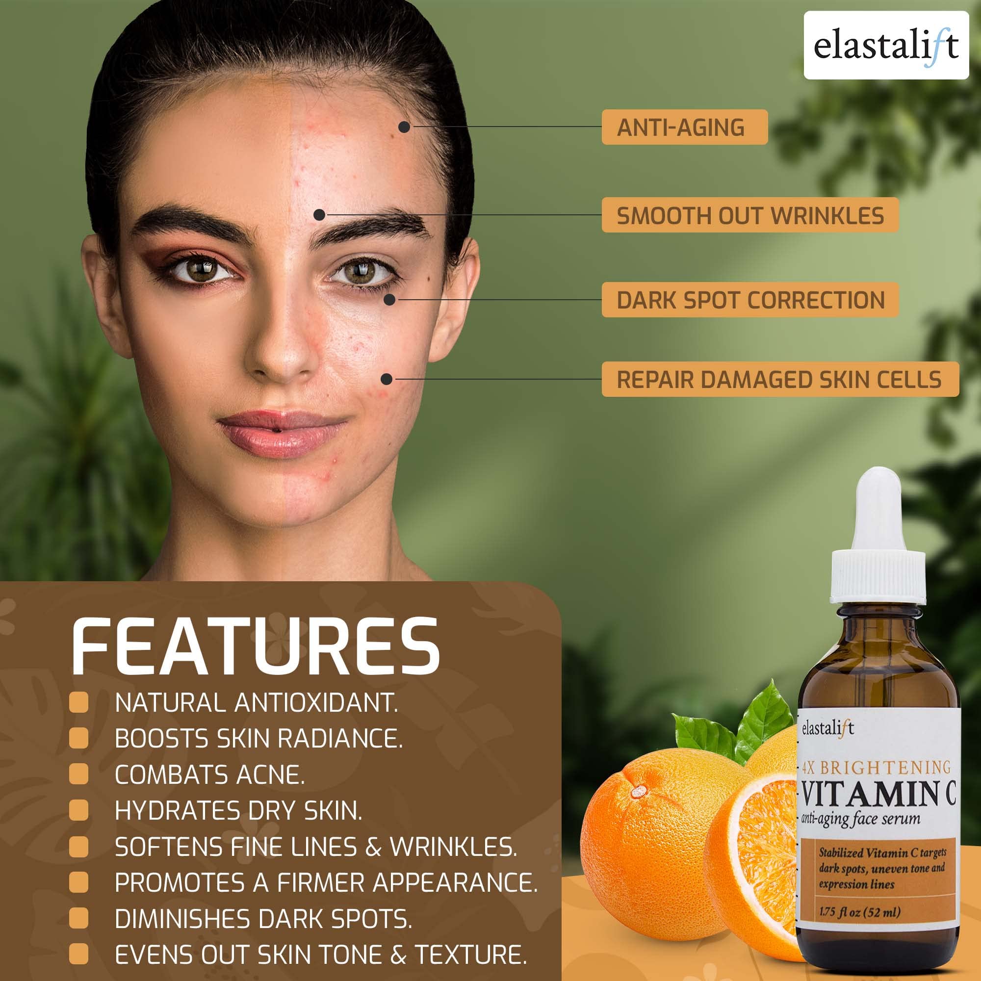 Bonus size 1.75 fl oz Elastalift Vitamin C Serum for Age Spots, Wrinkles, Expression Lines. Anti-Aging Serum w/Vitamin C & Hyaluronic Acid brightens skin & helps promote a healthier skin complexion