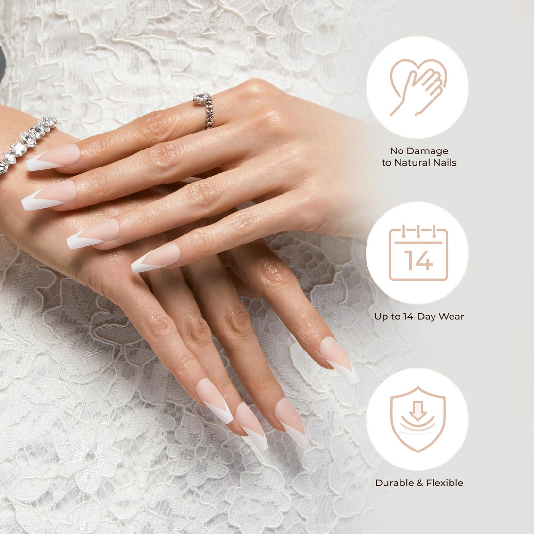 KISS Classy, Press On Nails, Nail glue included, 'Stay Charmed', White, Medium Size, Square Shape, Includes 28 Nails, 2g glue, 1 Manicure Stick, 1 Mini File