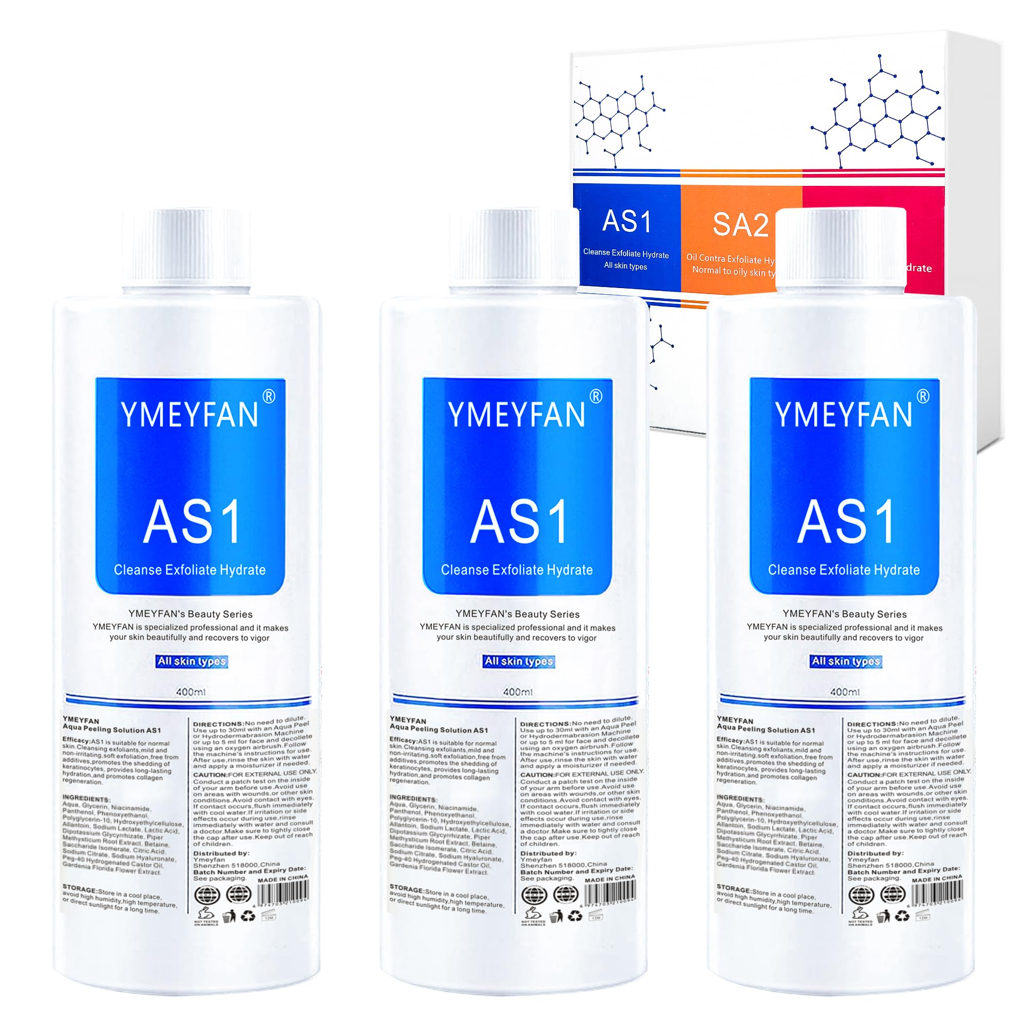 YMEYFAN Aqua Peeling Solution for Facial Machine, AS1 Solution for Hydrogen Oxygen Facial Machine Professional, Facial Deep Cleansing Hydrating Serums for Face Skin Care(400ml/3Pcs/English Ver.)