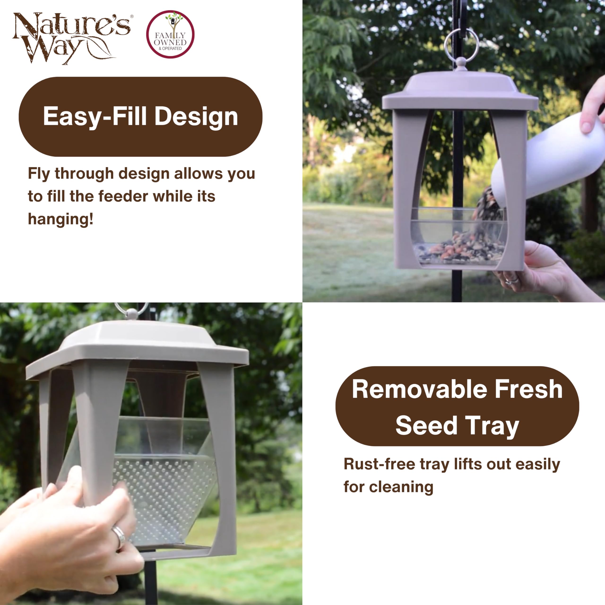 Nature's Way Dine-in Hanging Plastic Fly Through Bird Feeder with Roof, 4 Cup, Easy to Clean and Fill, Wild Bird Feeder and Outdoor Décor, Tan