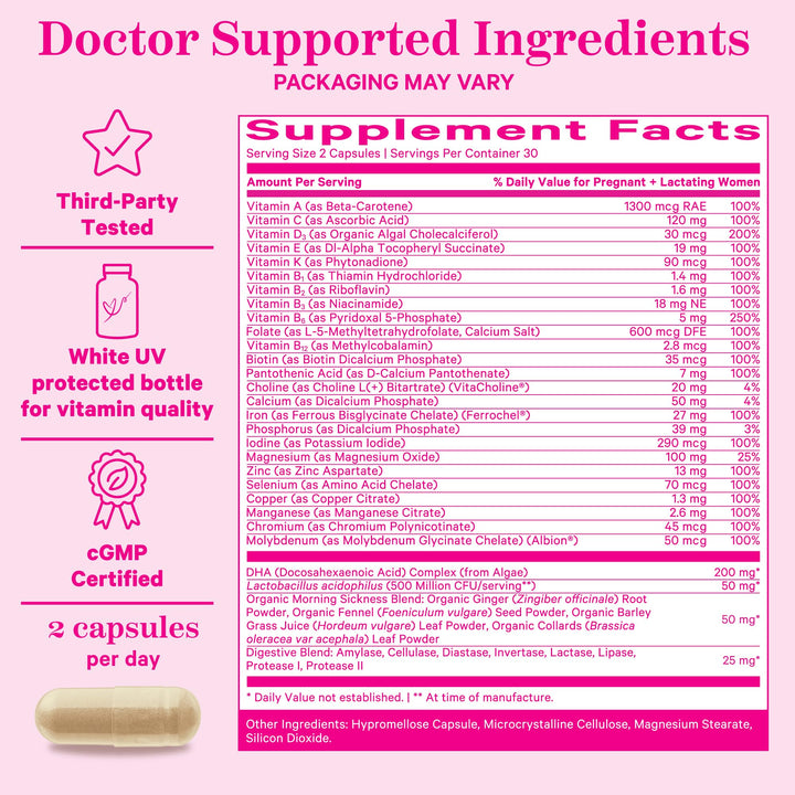 Pink Stork Premium Prenatal Vitamin for Women - Organic Whole-Food Ingredients, Multivitamin & Probiotics - Morning Sickness, Digestion, & Energy - Folate, B6, & Iron - 60 Capsules