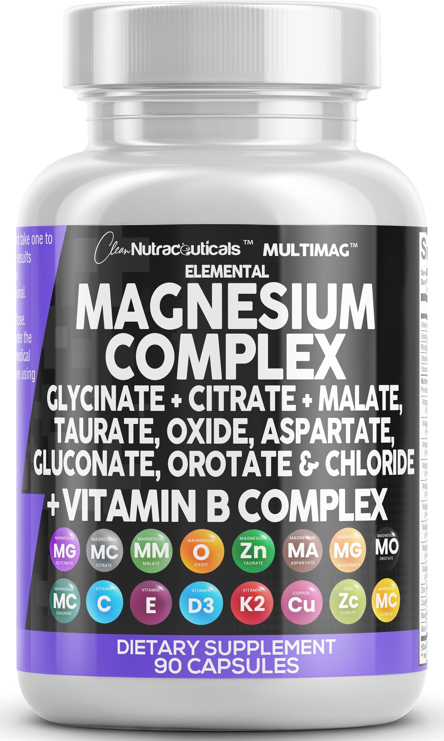 Clean Nutraceuticals Magnesium Complex with Magnesium Glycinate Citrate Malate Oxide Taurate Aspartate Orotate & Mag Chloride, Zinc Copper Manganese & Vitamin C B1 B2 B6 B12 Complex - 1Pack
