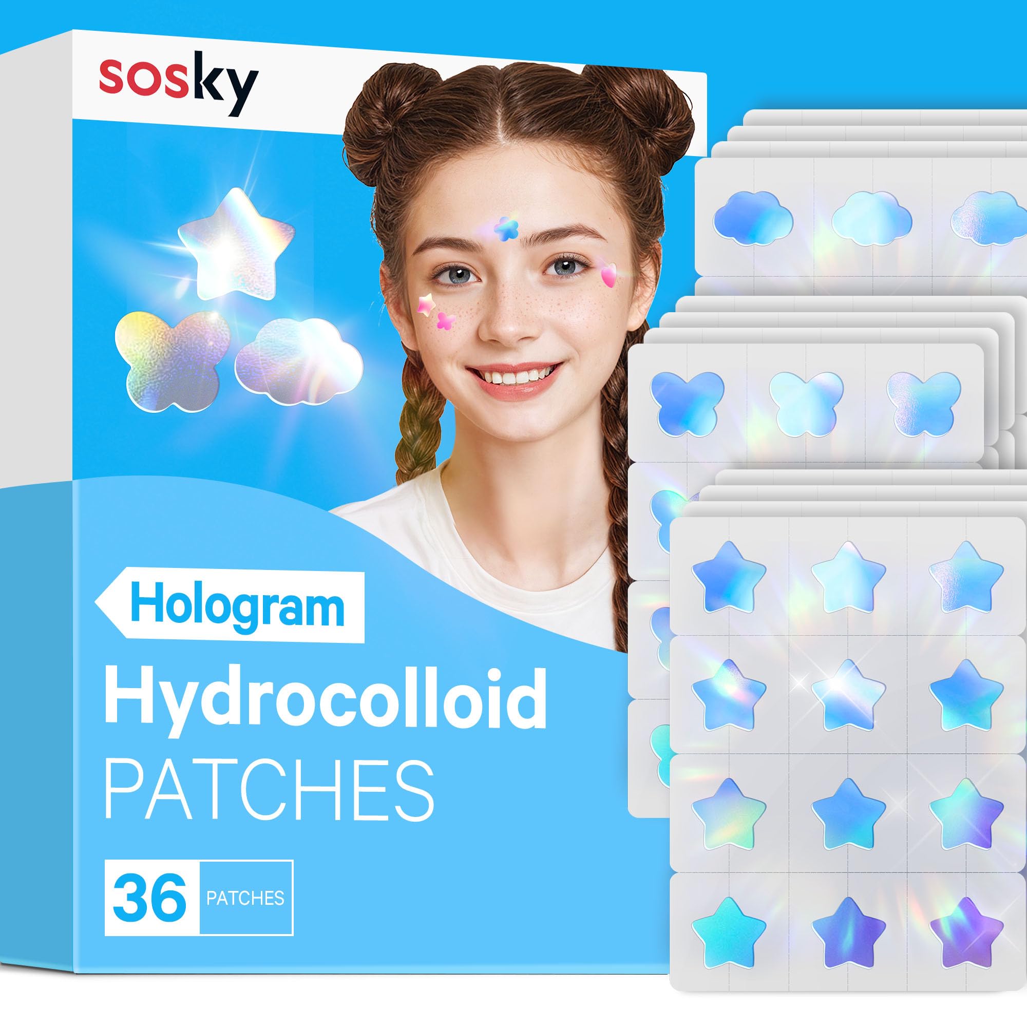 Sosky Hologram Pimple Patches for Face, Hydrocolloid Acne Patches with Salicylic Acid, Cute Star Zit Stickers,Colorful Blemish Covers,36 Count Blue Star Cloud Butterfly