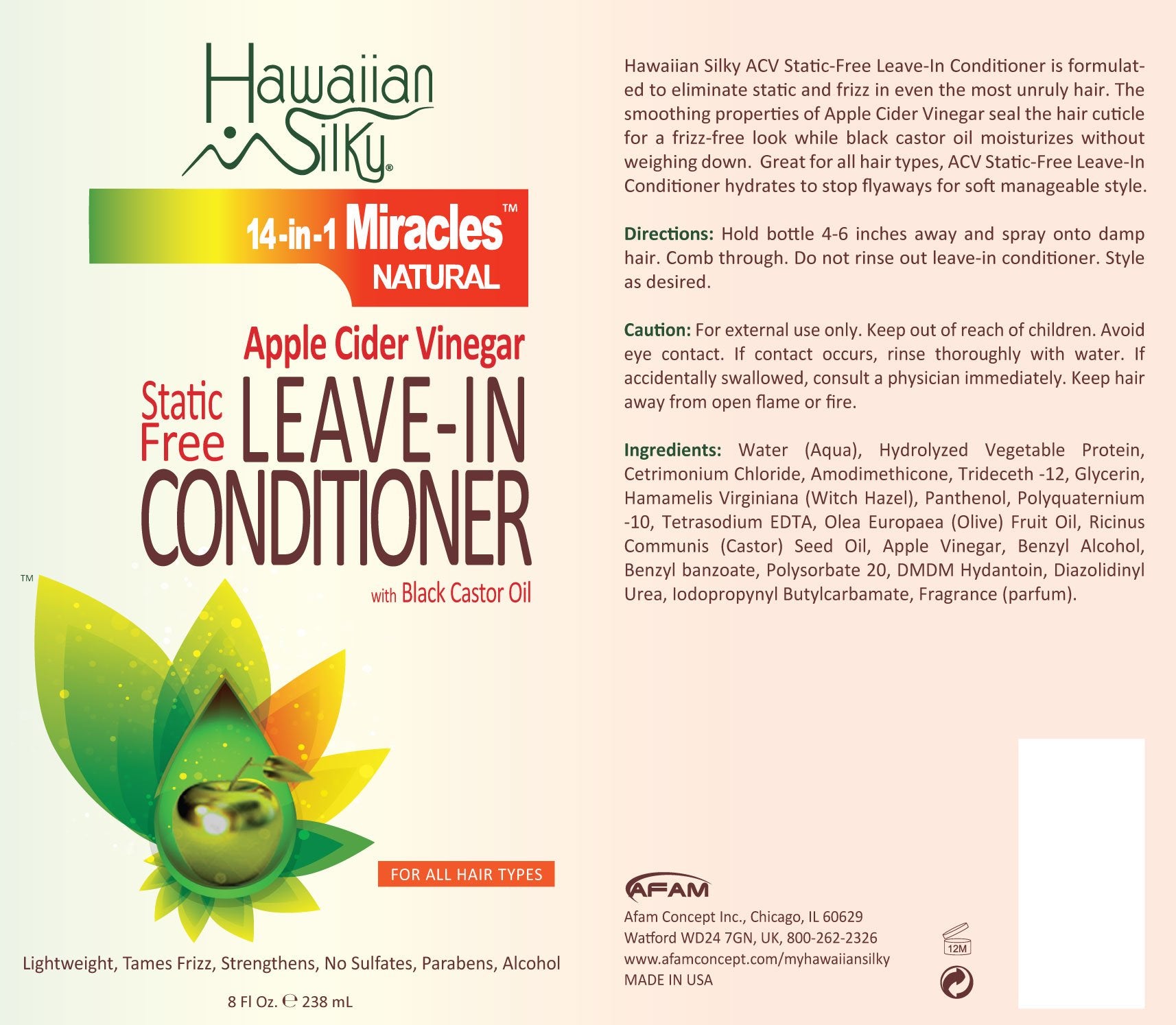 Hawaiin Silky Apple Cider Vinegar Static Free Leave-in Conditioner 8 oz by Hawaiin Silky