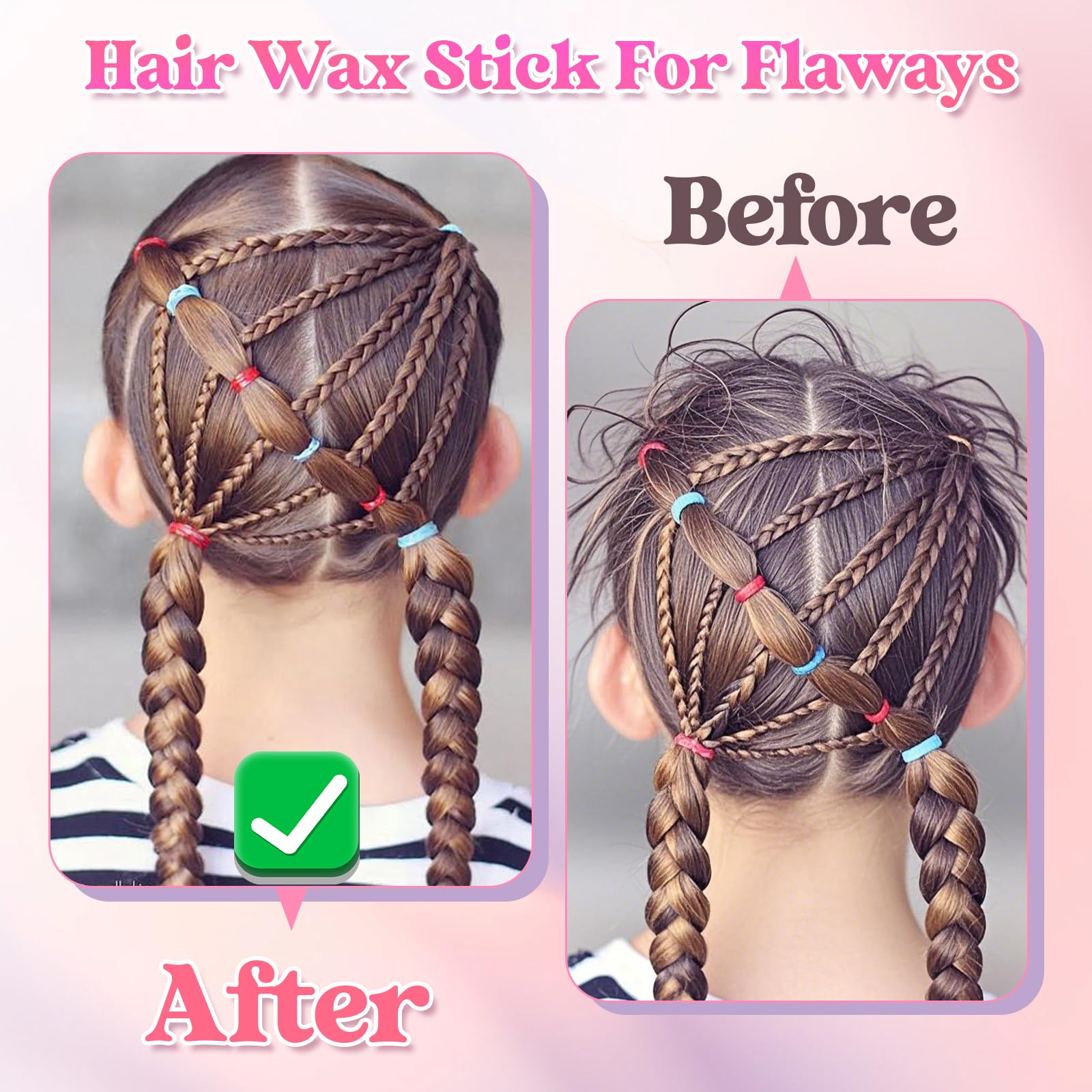 Xinfox Hair Wax Stick, Slick Back Hair Brush, Wax Stick for Flyaways, Rat Tail Comb Edge Brush Styling Tool Set Accessories for Women Girls(Pink)