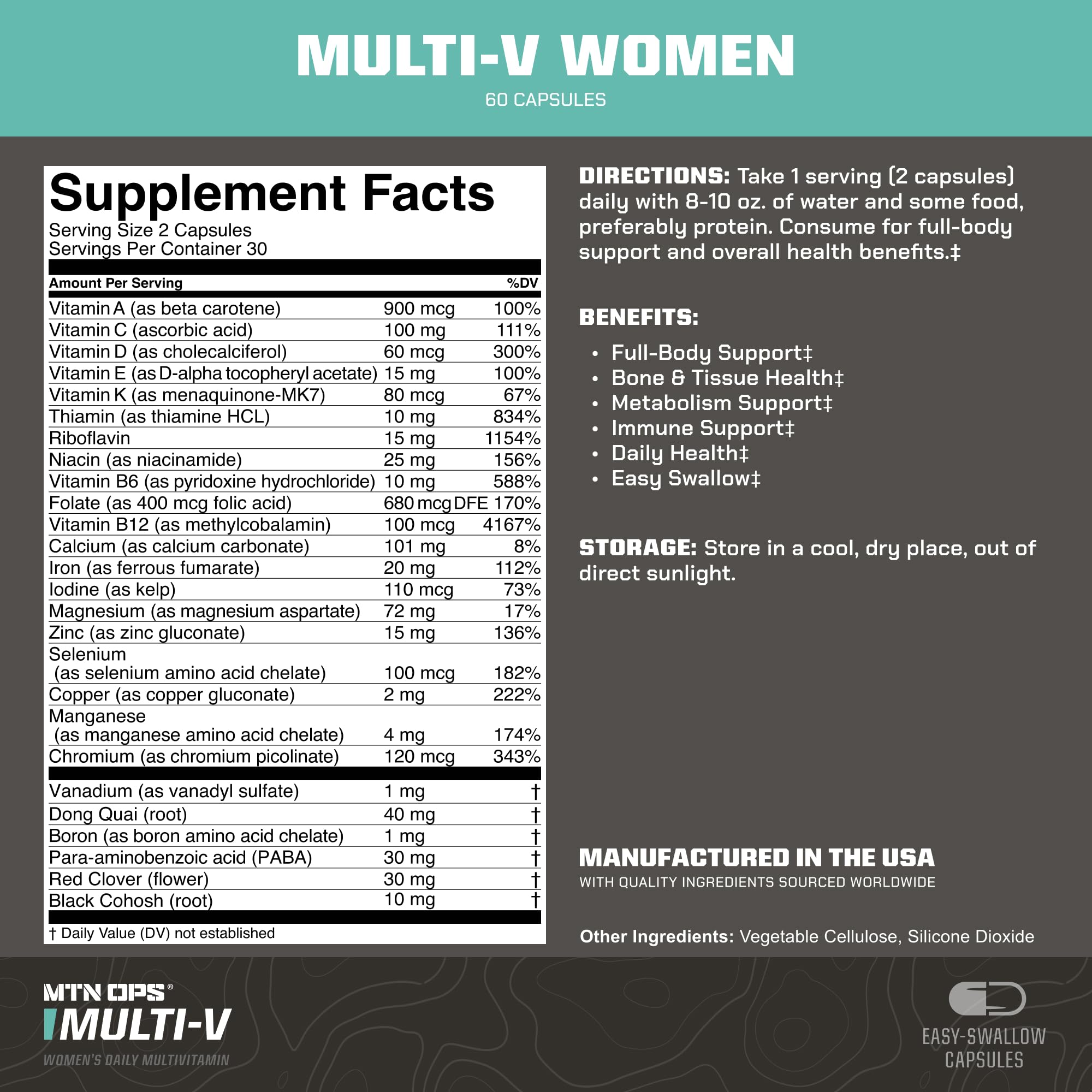 MTN OPS Multi-V Womens Multivitamin Vegetarian Capsules, Essential Daily Vitamin Complex, 60 Capsules, 30 Day Supply