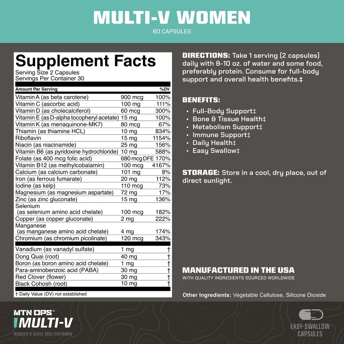 MTN OPS Multi-V Womens Multivitamin Vegetarian Capsules, Essential Daily Vitamin Complex, 60 Capsules, 30 Day Supply