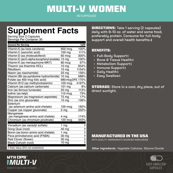 MTN OPS Multi-V Womens Multivitamin Vegetarian Capsules, Essential Daily Vitamin Complex, 60 Capsules, 30 Day Supply