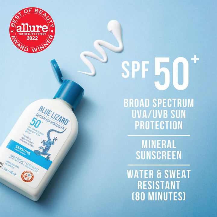 BLUE LIZARD Sensitive Mineral Sunscreen - No Chemical Actives - SPF 50+ UVA/UVB Protection, 5 Ounce Bottle, Clear