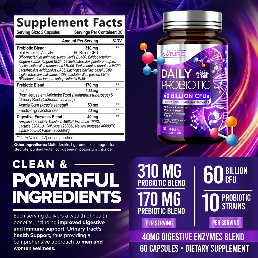 Built by Nature Probiotic for Women & Men – 60 Billion CFU, 10 Strains + Prebiotics & Digestive Enzymes – Supports Digestive, Immune, Reduce Gas & Bloating – Shelf Stable, Non-GMO - 60 Capsules