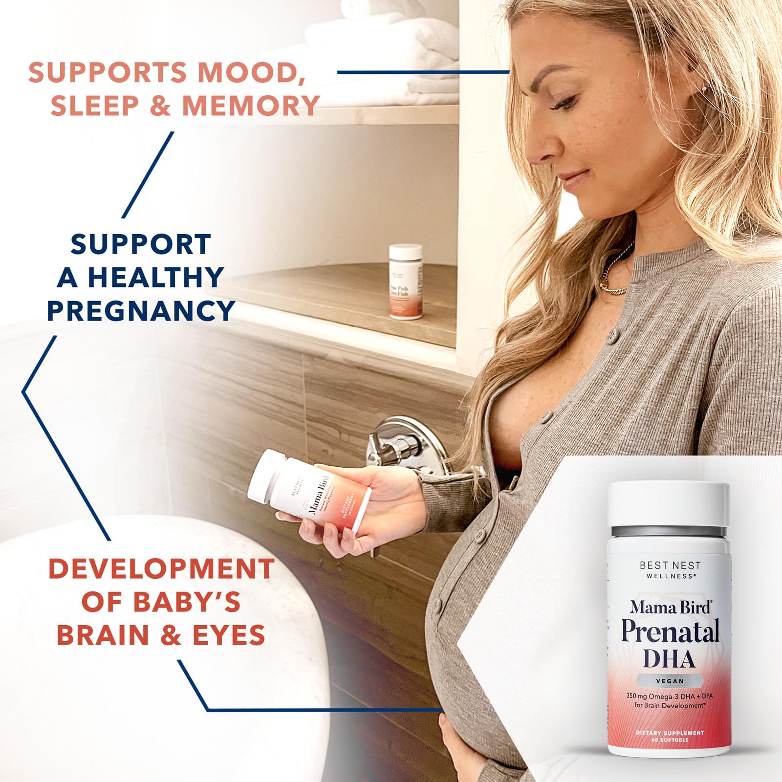 Best Nest Wellness Mama Bird Vegan Prenatal DHA - Brain & Eye Support Supplement for Baby - Vegan Prenatal Supplement with Algae DHA - Nutritional Supplement for Mom - 60 Softgels