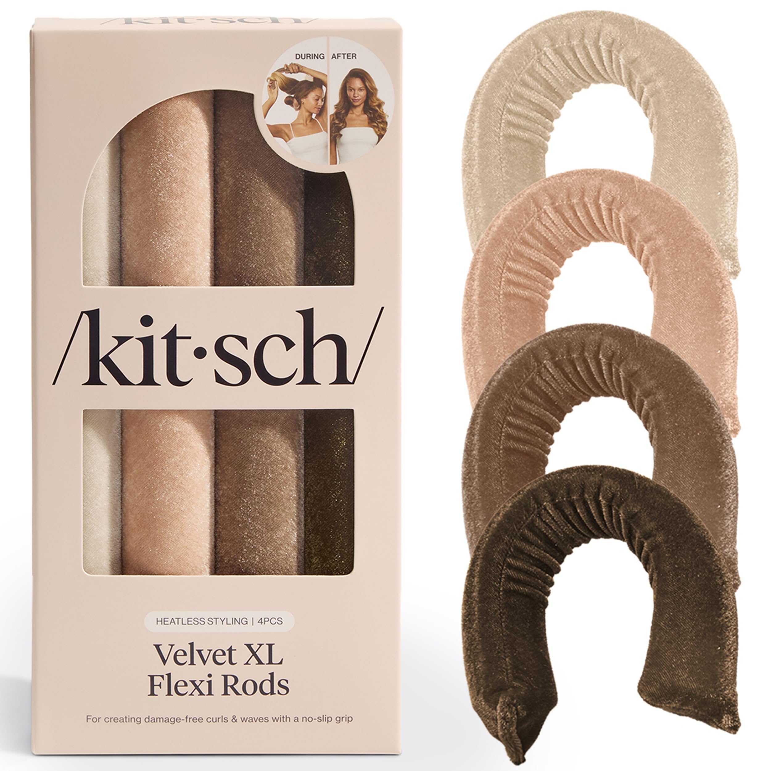 Kitsch XL Flexi Rods for Heatless Curls Overnight - Soft Velvet Hair Rollers for Women - Hair Curlers to Sleep In - Eucalyptus, 4pcs