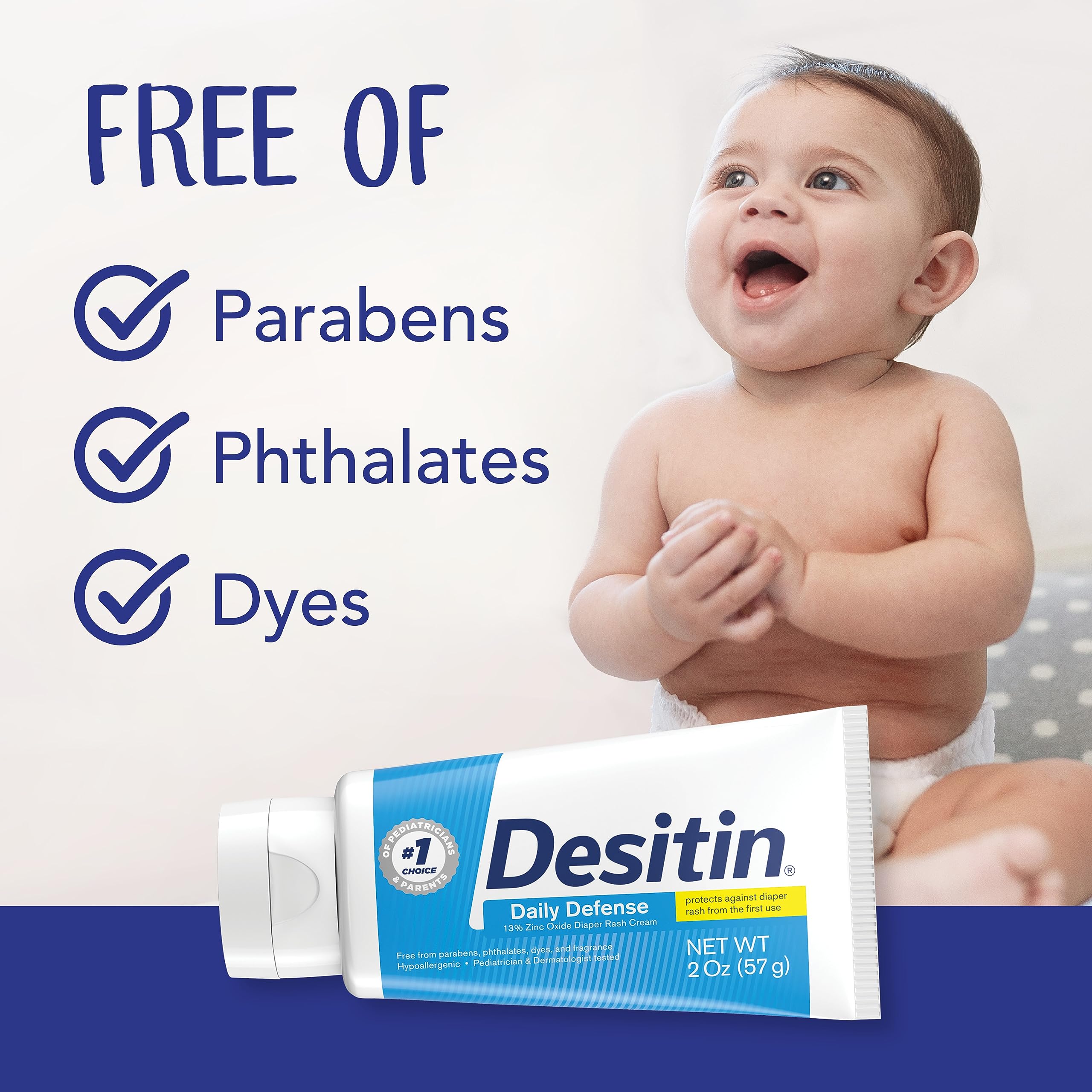 Desitin Daily Defense Baby Diaper Rash Cream with Zinc Oxide to Treat, Relieve & Prevent diaper rash, Hypoallergenic, Dye-, Phthalate- & Paraben-Free, 4.8 oz