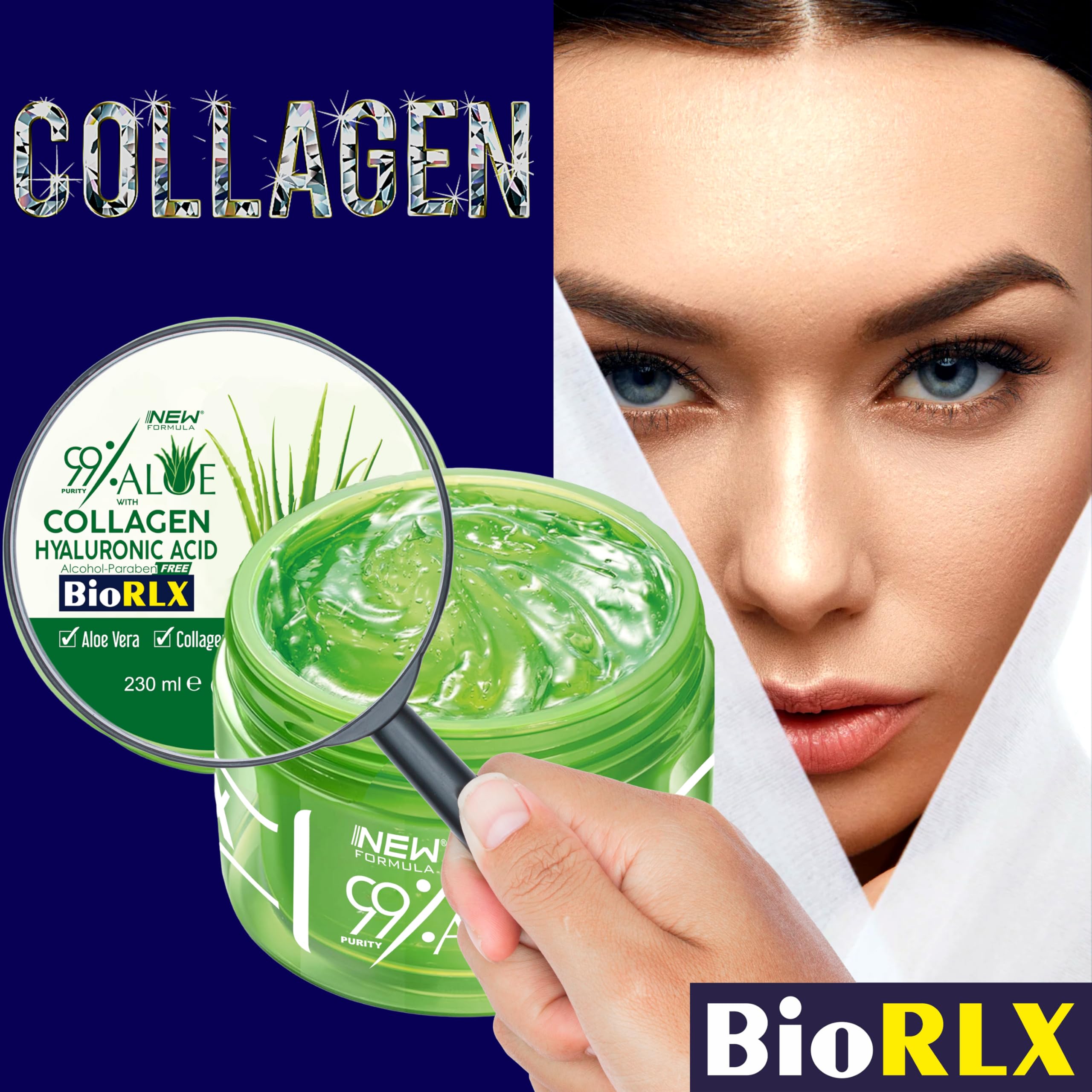 BioRLX 99% Aloe Vera Gel with Collagen and Hyaluronic Acid 230 Ml 8.45 Fl Oz Jar - For Face Body, Hair & Scalp, After Sun Relief, Natural, Soothing, Hydrating