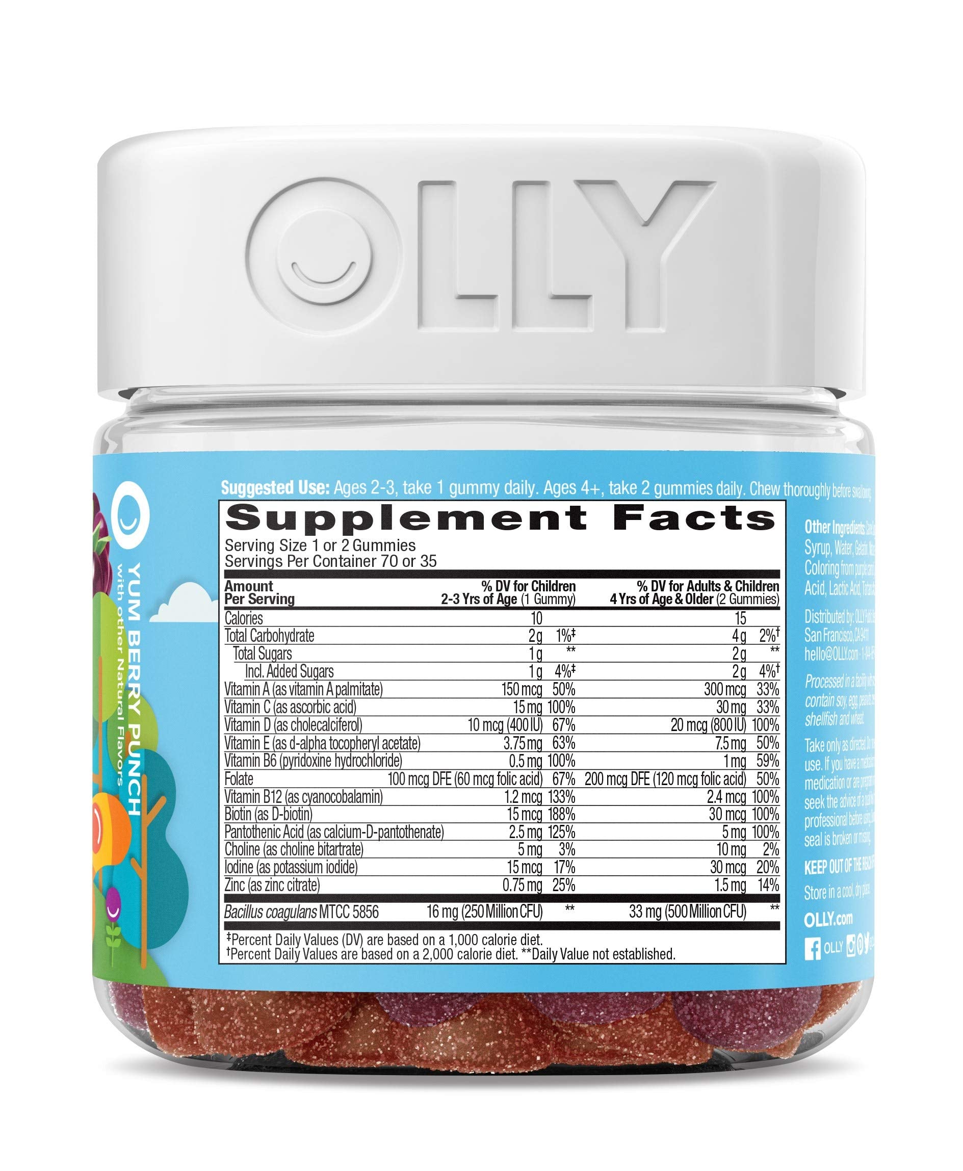 OLLY Kids Multivitamin + Probiotic Gummy, Vitamins A, C, D, E, B, Zinc, Probiotics, Chewable Supplement, Berry Flavor, 70 Count (3 Pack)