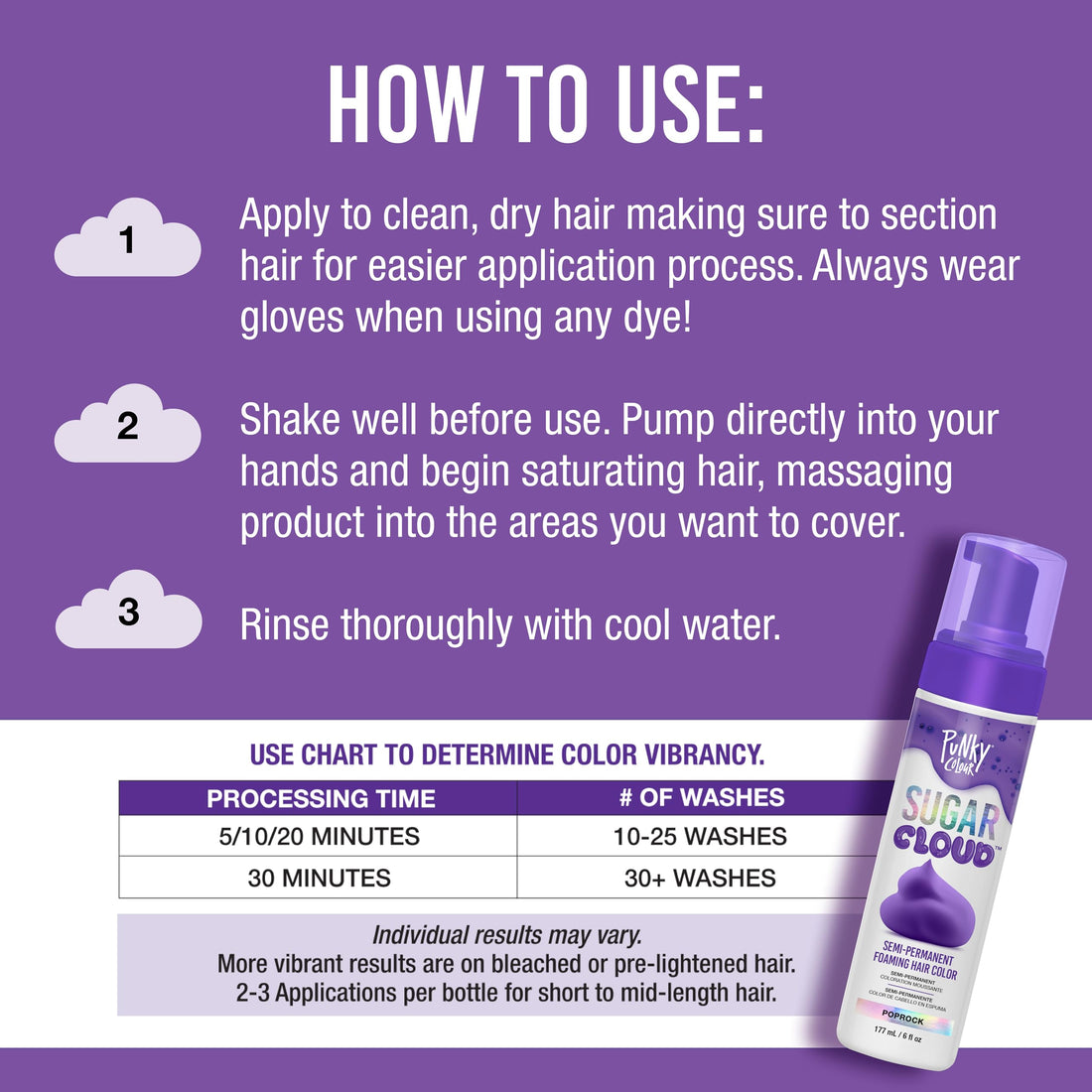 Punky Sugar Cloud Semi-Permanent Foam Hair Color, Poprock - Vibrant Hair Dye for Long-Lasting Color, Easy Application Foam Hair Dye, 6 fl oz.