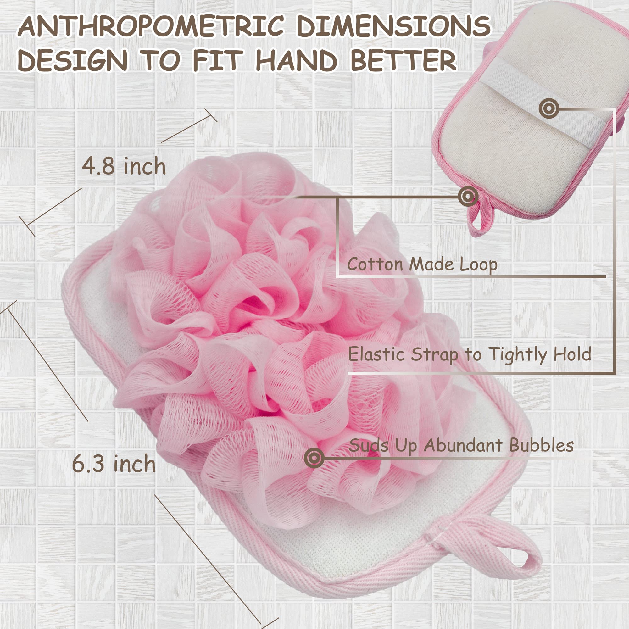 Bleu Bath (2 Pack) Exfoliating Bath Sponge Body Loofah Mitt Pad Shower Pouf Elastic Hand Strap Mesh Sponge Shower Scrubber