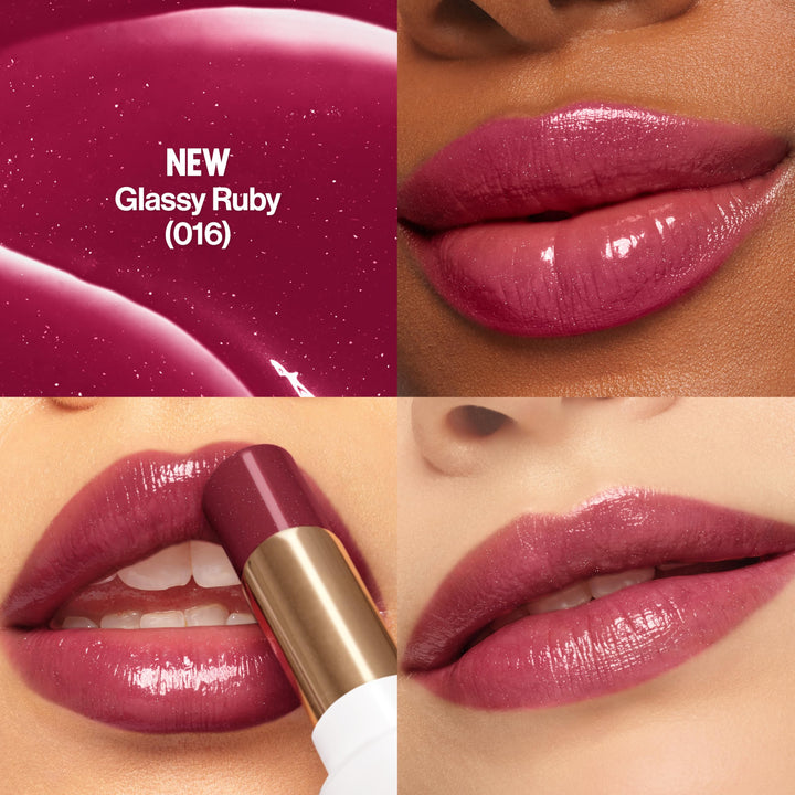 REVLON Super Lustrous Glass Shine Balm, Hydrating Tinted Lip Balm with Hyaluronic Acid, Aloe & Rose Quartz, Medium-Dark Plum Lipstick, 016 Glassy Ruby, 0.11 oz
