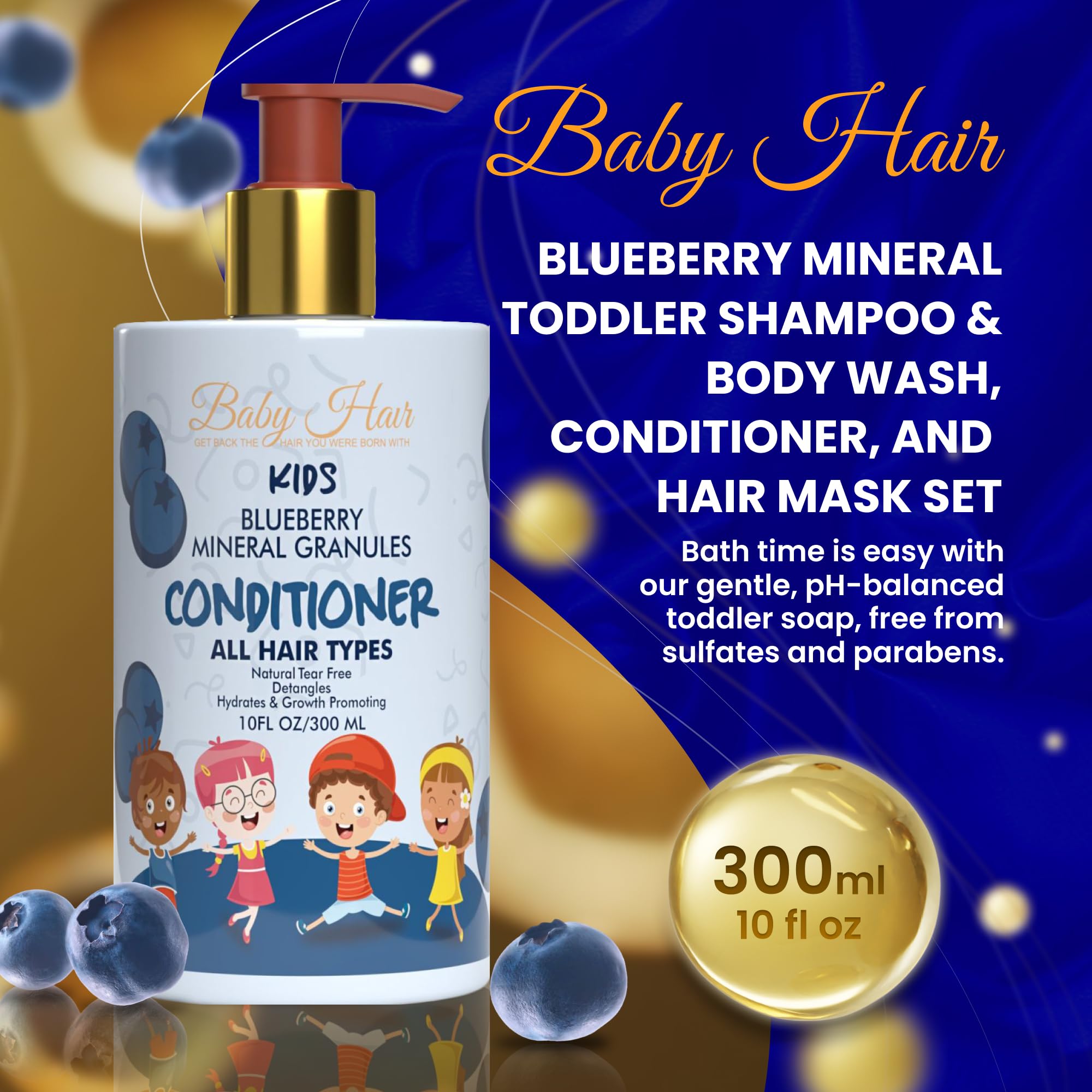 BABY HAIR - Blueberry Mineral Kids Hair Conditioner, Sulfate-Free Toddler Hair Conditioner, Hair Conditioner for Kids with Blueberry & Strawberry Oil, Aloe Vera, and Biotin, 10 fl.oz