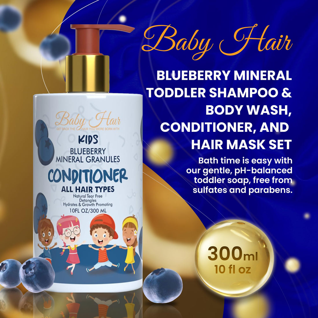 BABY HAIR - Blueberry Mineral Kids Hair Conditioner, Sulfate-Free Toddler Hair Conditioner, Hair Conditioner for Kids with Blueberry & Strawberry Oil, Aloe Vera, and Biotin, 10 fl.oz