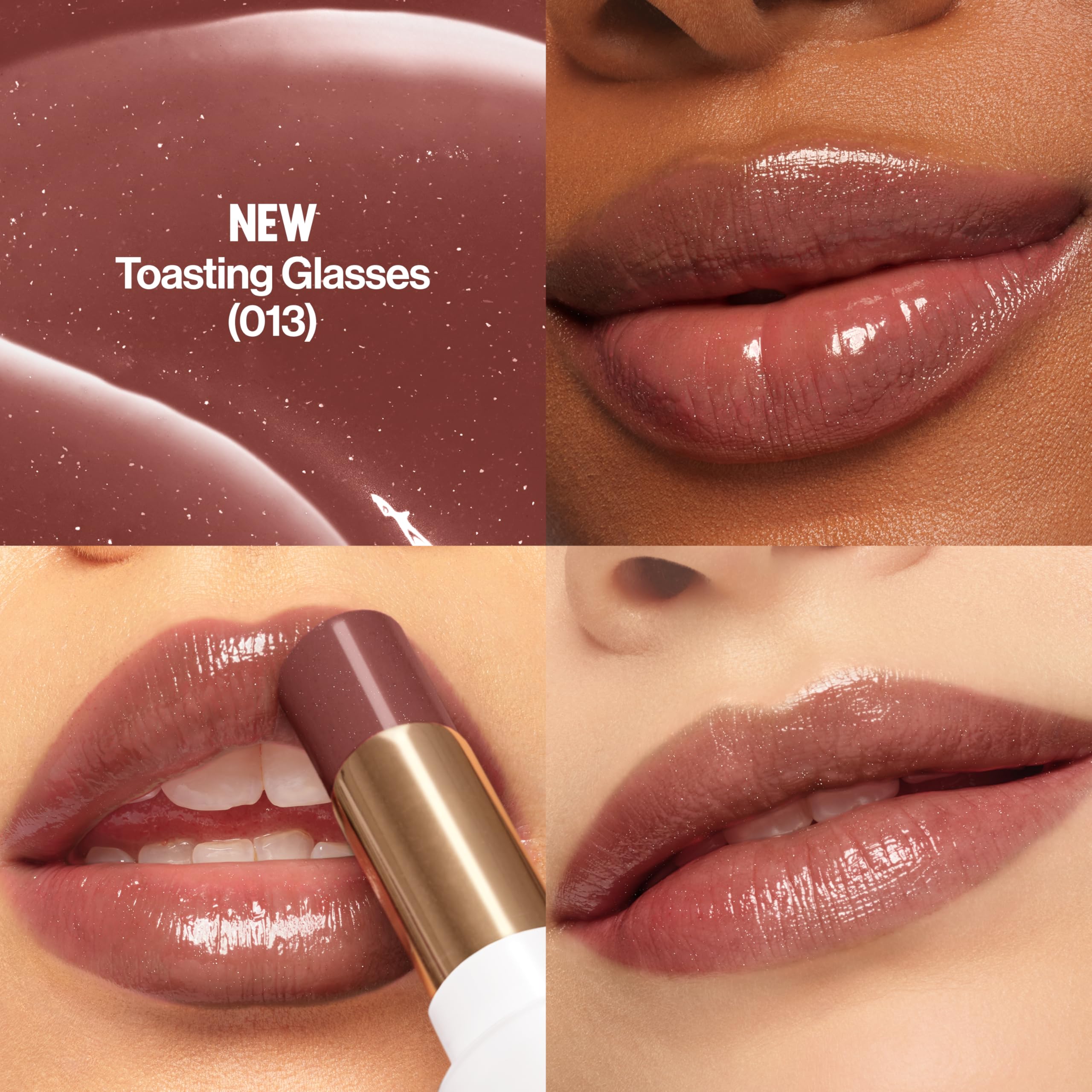 REVLON Super Lustrous Glass Shine Balm, Hydrating Tinted Lip Balm with Hyaluronic Acid, Aloe & Rose Quartz, Light-Medium Brown Lipstick, 013 Toasting Glasses, 0.11 oz