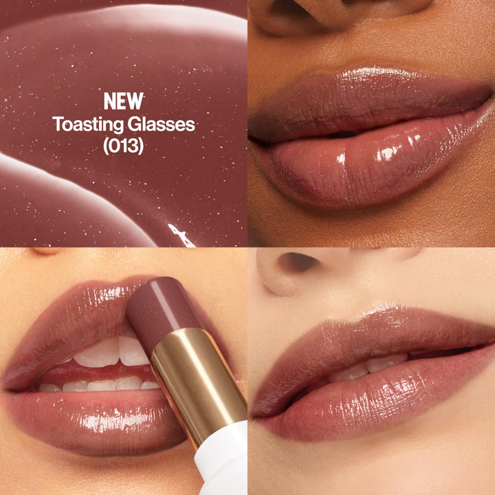 REVLON Super Lustrous Glass Shine Balm, Hydrating Tinted Lip Balm with Hyaluronic Acid, Aloe & Rose Quartz, Light-Medium Brown Lipstick, 013 Toasting Glasses, 0.11 oz