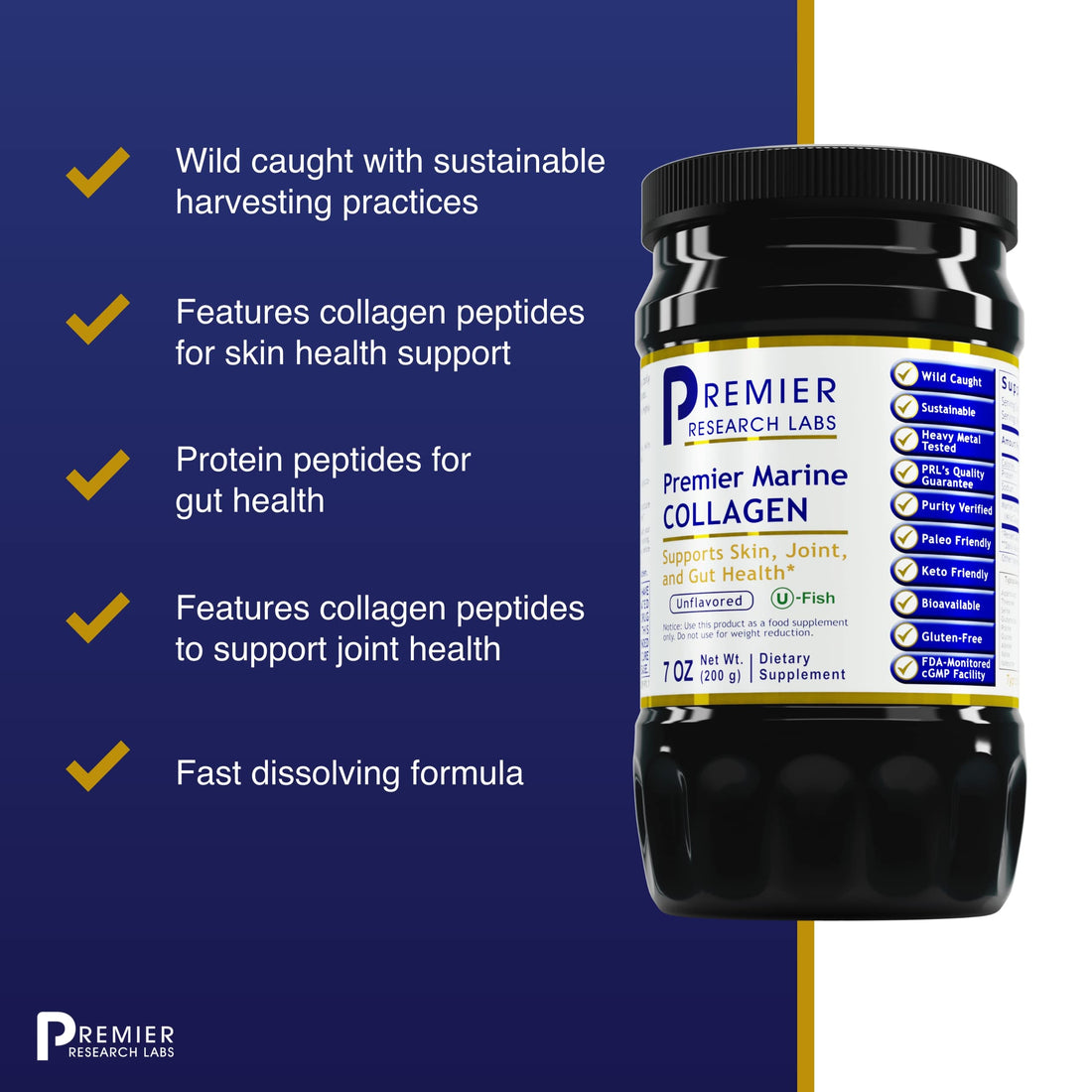 Premier Research Labs Marine Collagen - Marine Collagen Peptides, Hydrolyzed Marine Collagen Powder, Fish Collagen for Women and Men, 5g Collagen Per Serving for Skin, Joint, and Gut Health - 7 Oz