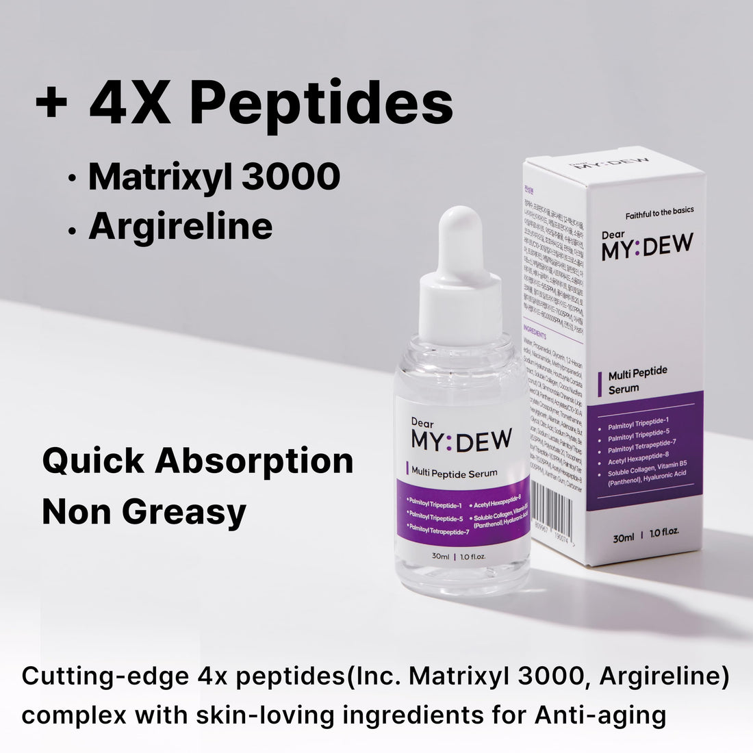 DearMYDEW Multi Peptide Complex Serum, Matrixyl 3000, Argireline, Vegan Collagen, Niacinamide, Hyaluronic Acid for Anti-Aging, Anti-Wrinkles, Collagen Boost for Elasticity, Korean Skincare, 1Fl Oz