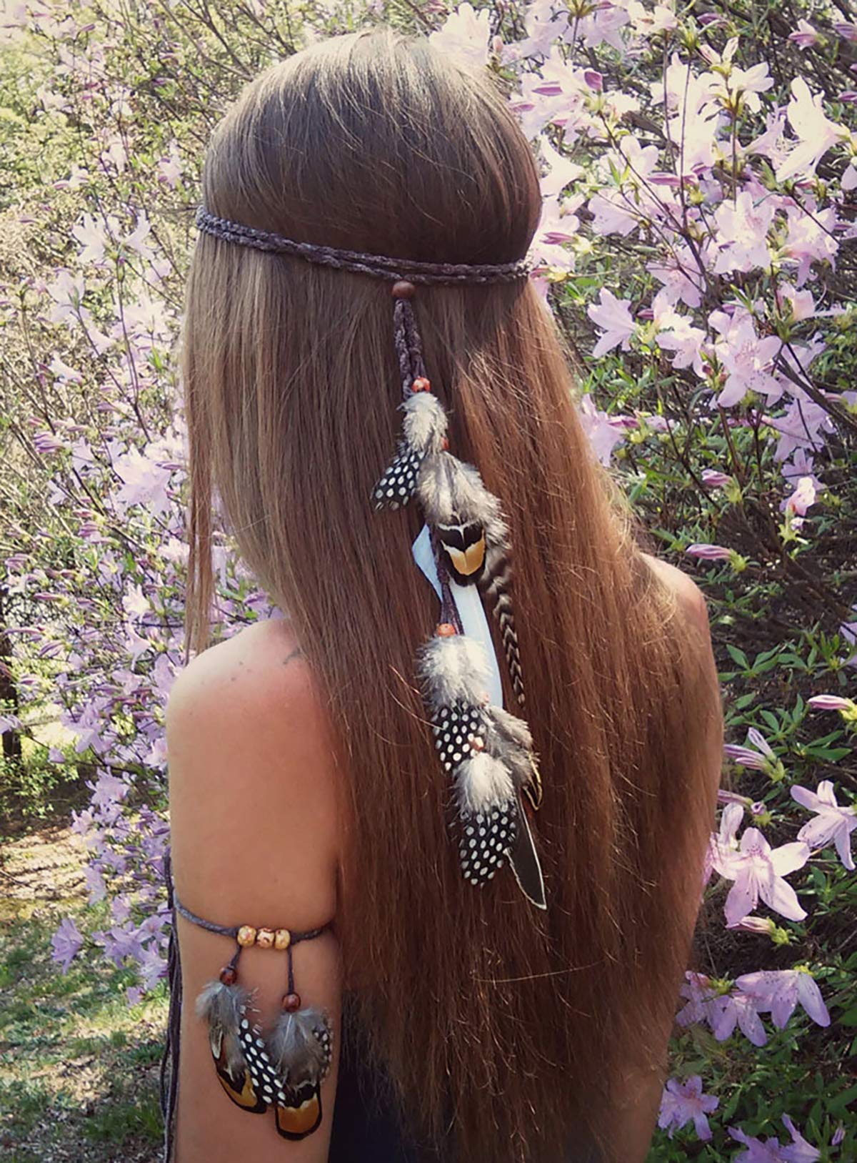 Set of 2 Gypsy Hippie Feather Headband Headdress and Armband Bohemian Headwear Headpiece Handmade Tribal Indian Fascinator Feather Hairband Hair Accessories for Women Lady (A#)