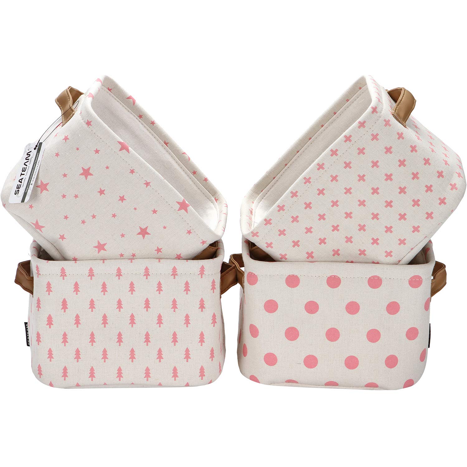 Sea Team Collapsible Small Canvas Fabric Storage Basket with Handles, Square Mini Storage Box, Cube, Foldable Shelf Basket, Closet, Desk Organizer for Nursery, Home, Office (Pink, Set of 4)