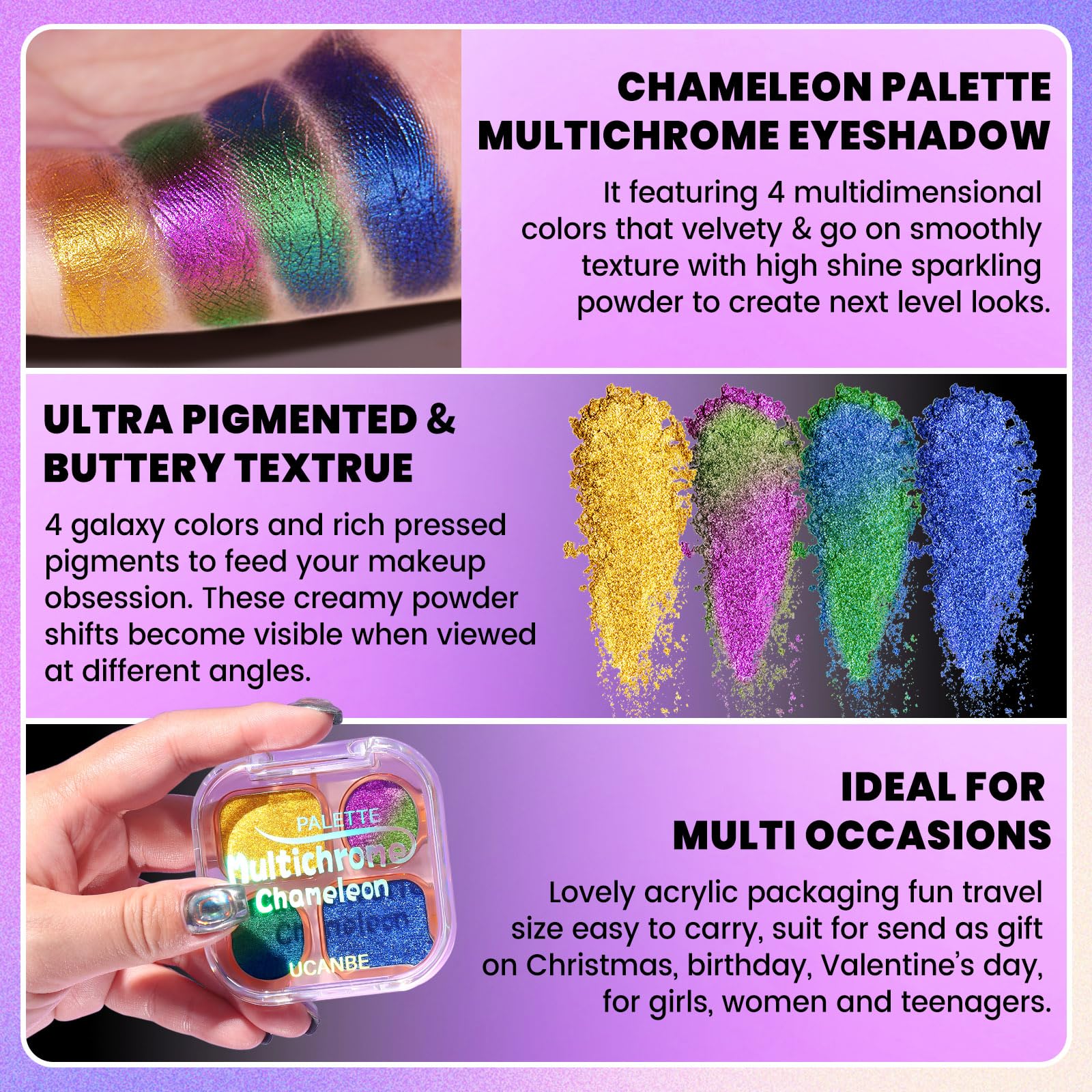 UCANBE Multichrome Chameleon Eyeshadow Makeup Palette, 4 Colors Holographic Metallic Glitter Eye Shadow Pallet, High Pigmented Creamy Duo Chrome Multidimensional Eye Make Up Kit