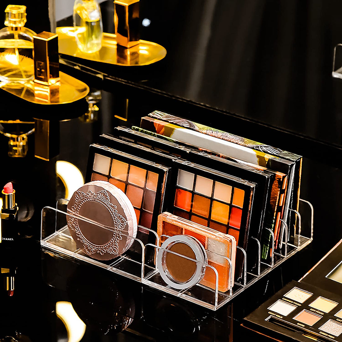 JessLab Eyeshadow Palette Makeup Organizer, Acrylic 7-Section Divided Make up Organizers and storage for Bathroom Vanity Countertop, Transparent, L