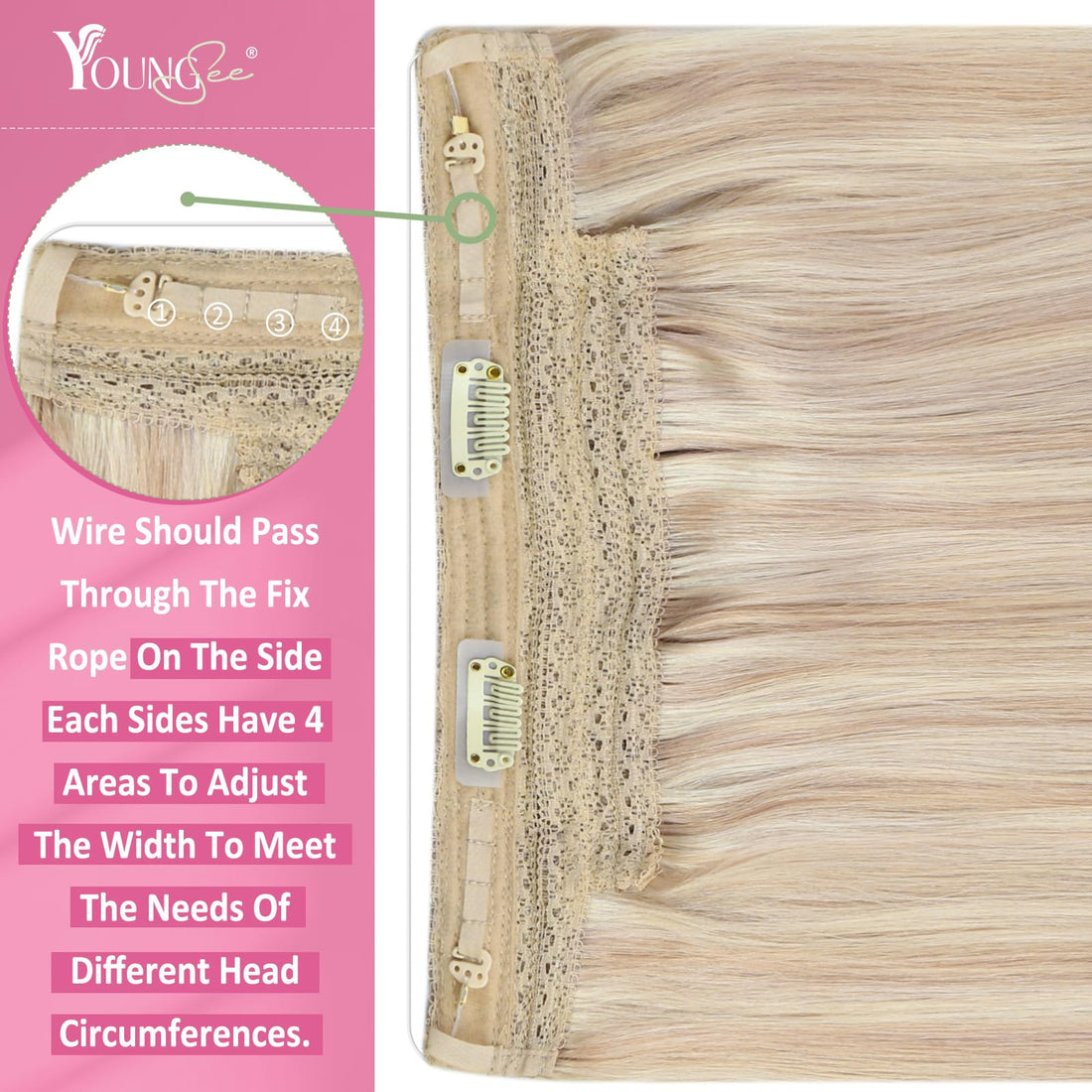 Youngsee 16 inch Invisible Wire Secret Halo Hair Extensions Human Hair Ash Blonde light with Bleach Blonde No Glue Hair Flip on Hair Extensions 11inch Width 80g/pack