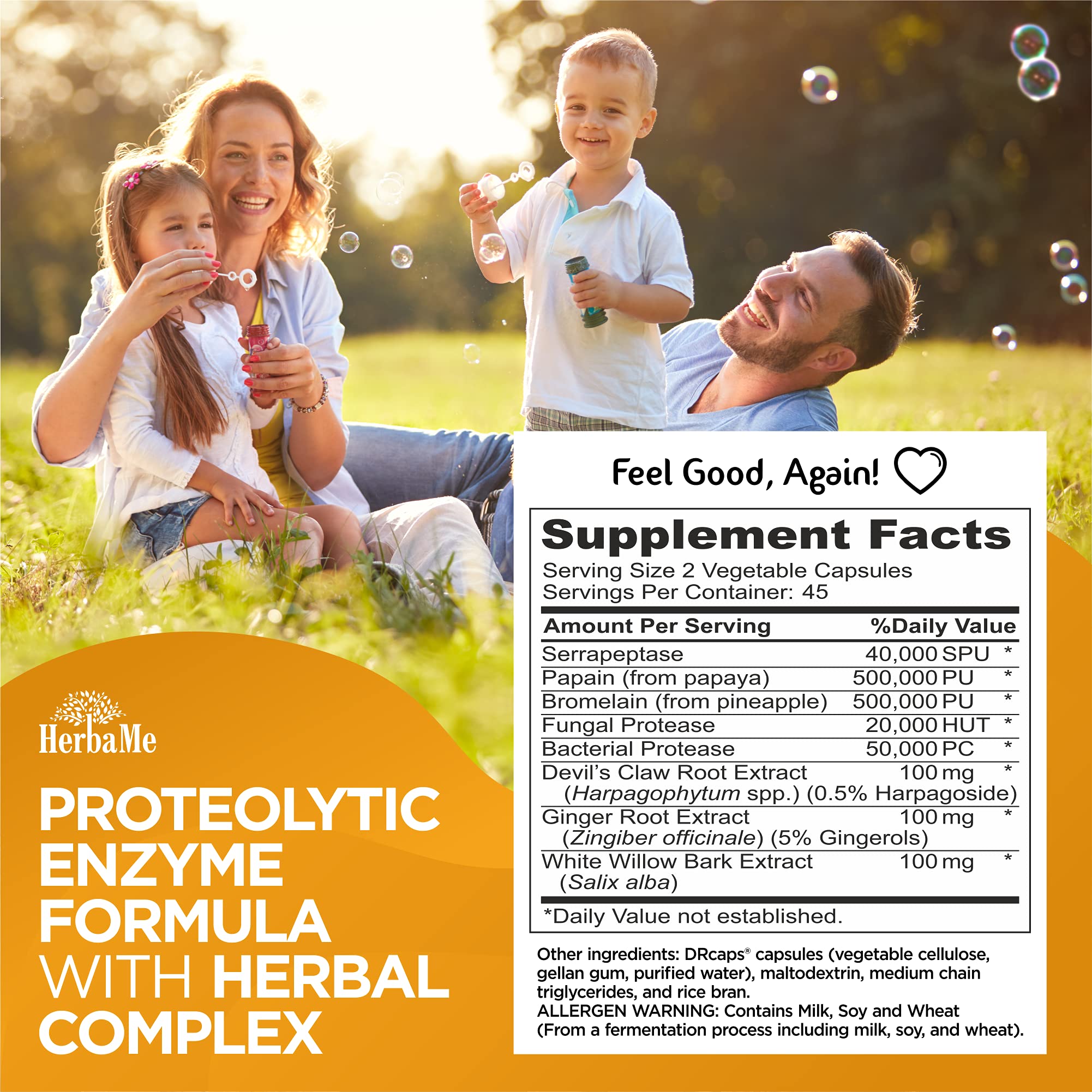 HerbaMe Proteolytic Enzymes Supplement with Serrapeptase - Devils Claw, 90 Capsules, Promotes Joints Relief, Muscle and Tissue Health with Lasting Mobility, Athletes Post Workout Recovery Support