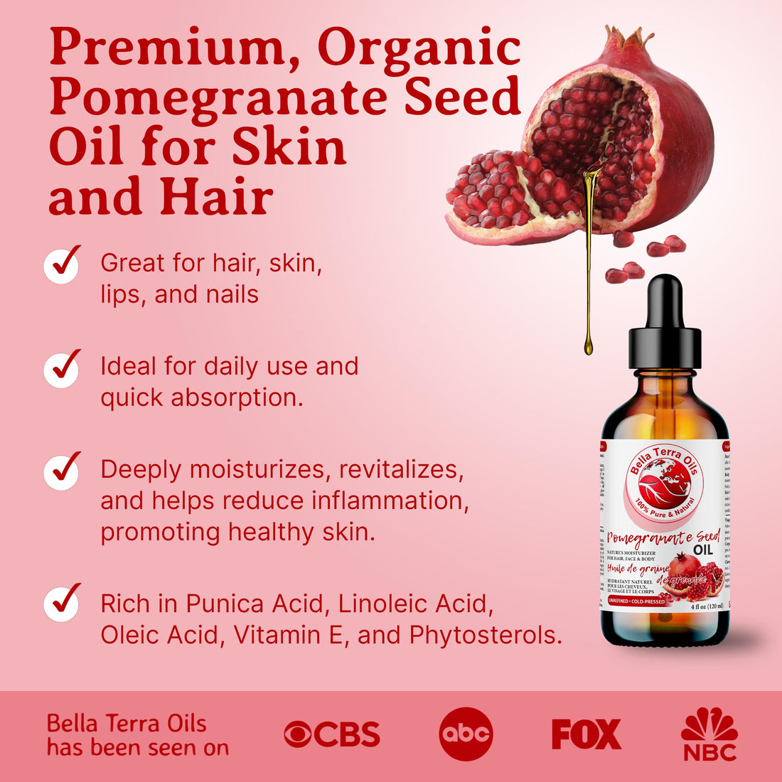 Bella Terra Oils - Organic Pomegranate Seed Oil 2oz - Cold-Pressed & Pure, Rich in Nutrients for Skin & Hair, A Beauty Essential